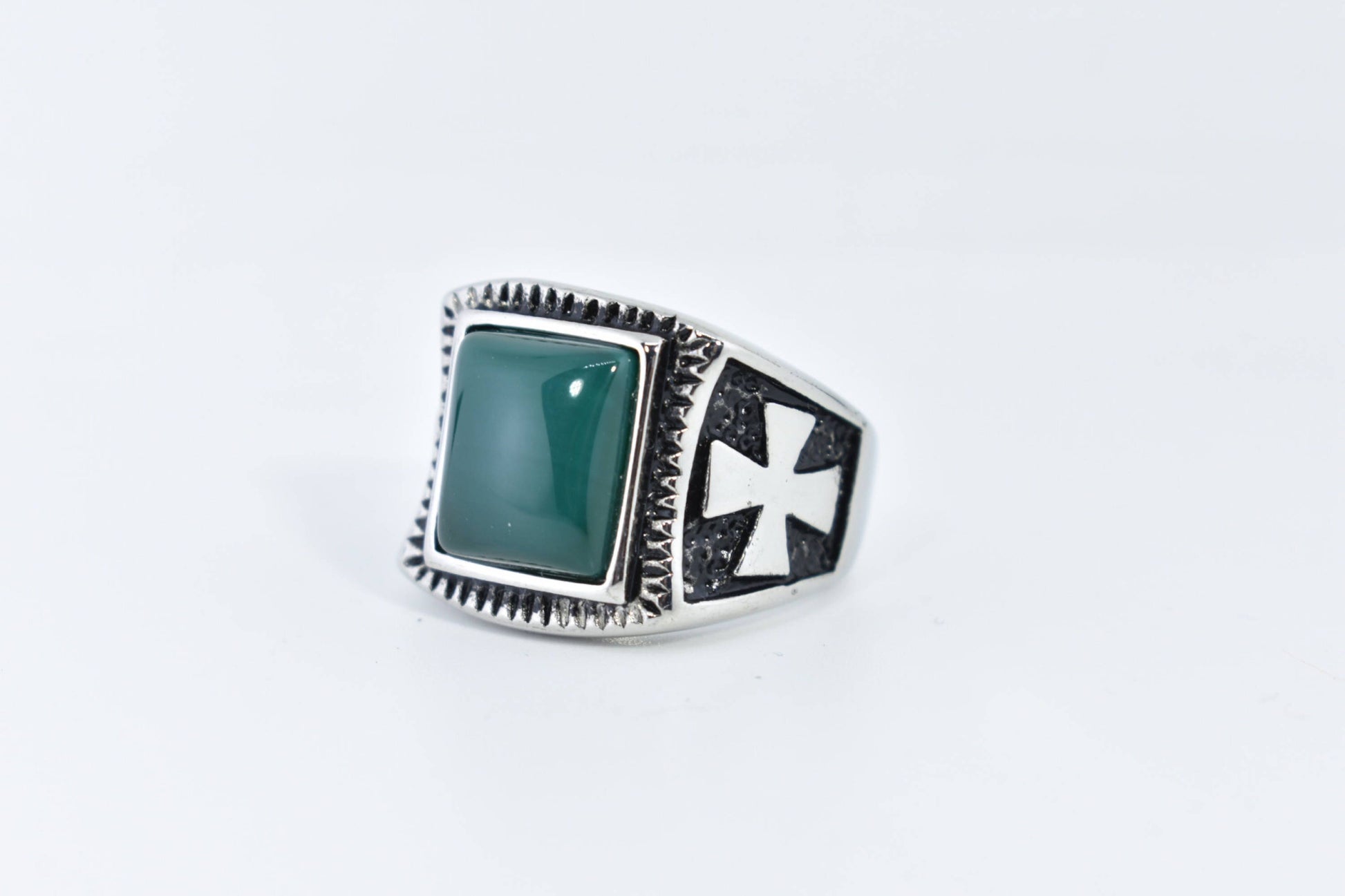 Vintage Gothic Silver Stainless Steel Genuine Green Onyx Mens Ring