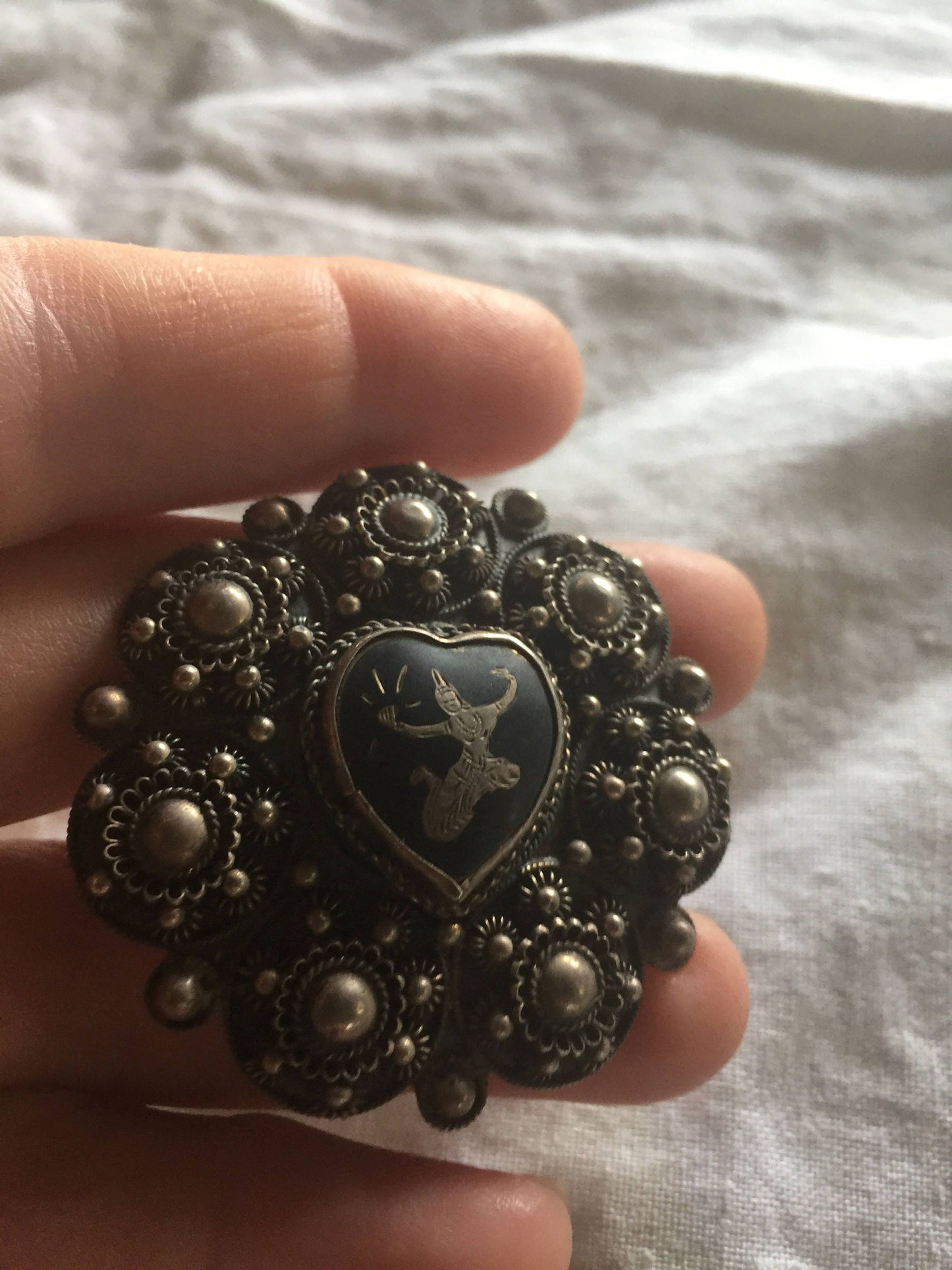 Vintage Hand Made Dancing Goddess Siam 925 Sterling Silver Heart Brooch Pin