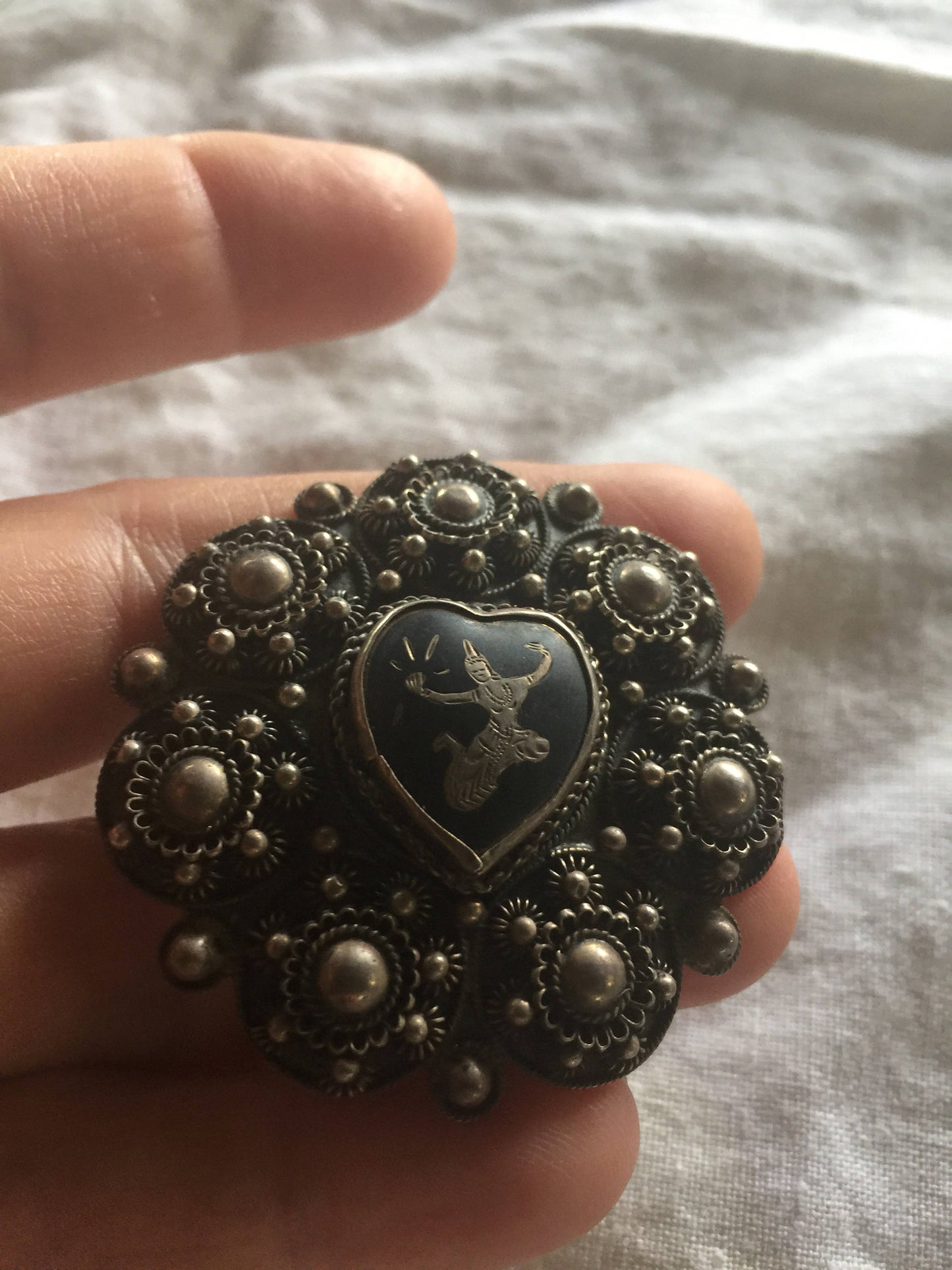 Vintage Hand Made Dancing Goddess Siam 925 Sterling Silver Heart Brooch Pin