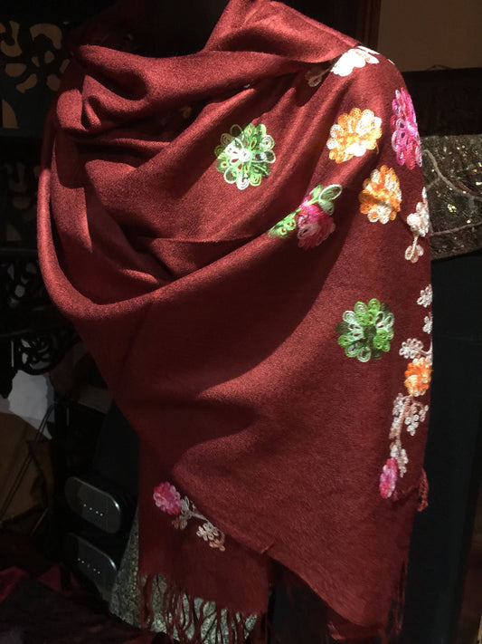 Vintage Styled Mixed Colored Flower Embroidered Pashmina Shawl