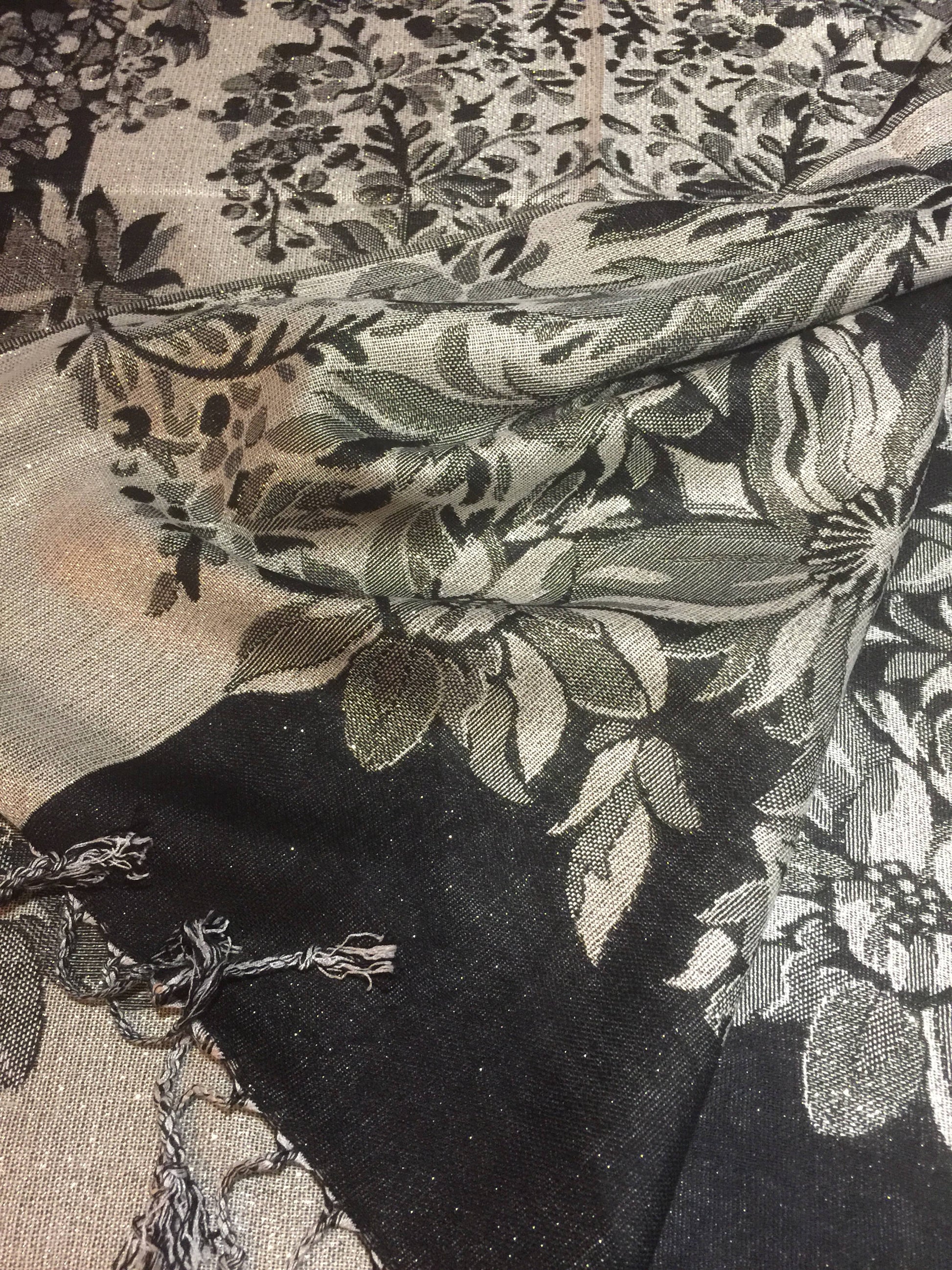 Vintage Black on White Silver Brocade Pashmina Scarf Wrap Shawl