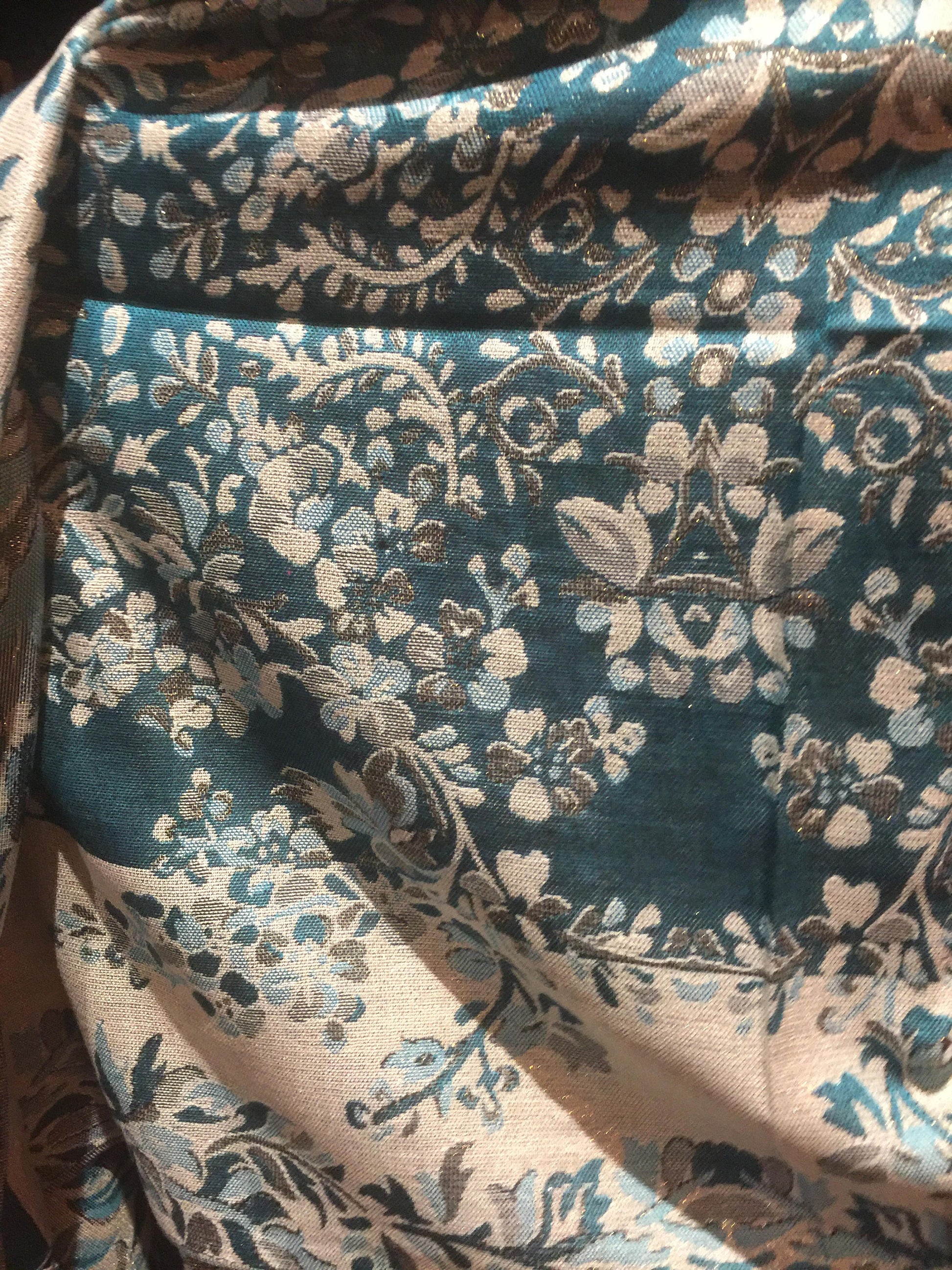 Nemesis Vintage Floral Turquoise Silver Metallic Brocade Pashmina Scarf Wrap