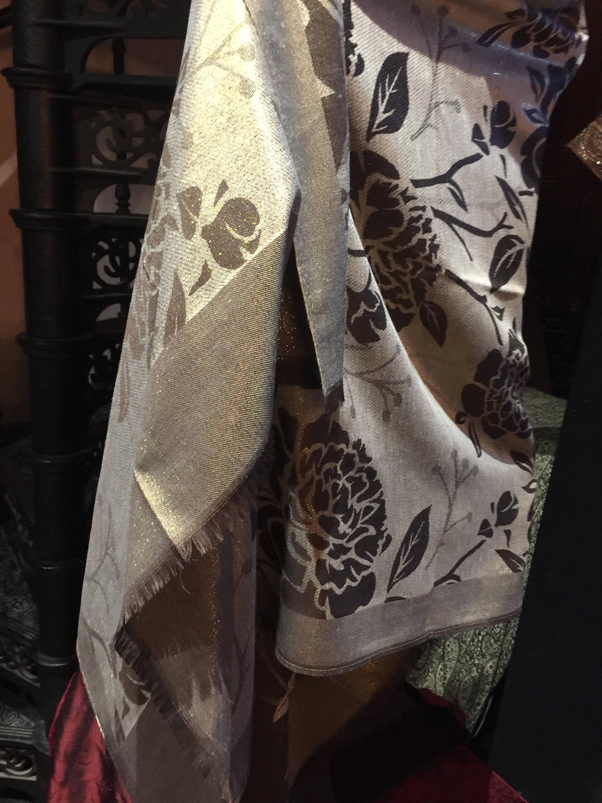 Vintage Brown Gold Flower Brocade Pashmina Scarf Wrap