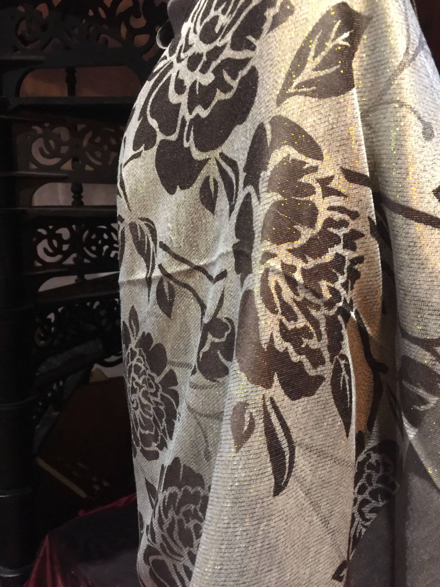 Vintage Brown Gold Flower Brocade Pashmina Scarf Wrap