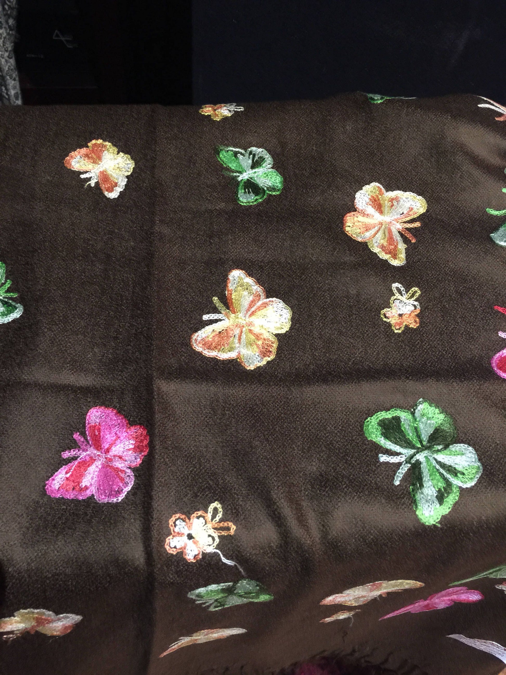 Vintage Styled Mixed Colored Butterfly Embroidered Pashmina Shawl