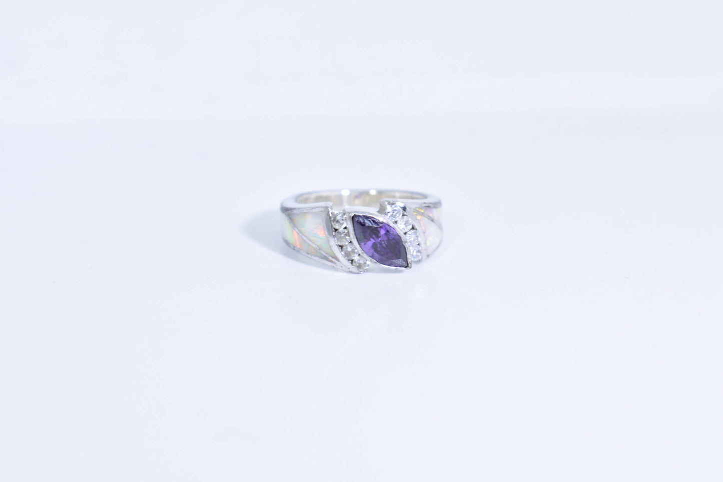 Vintage Handmade Genuine Purple Amethyst and Opal Inlay Setting 925 Sterling Silver Gothic Ring