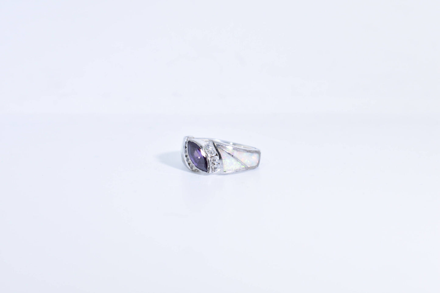 Vintage Handmade Genuine Purple Amethyst and Opal Inlay Setting 925 Sterling Silver Gothic Ring