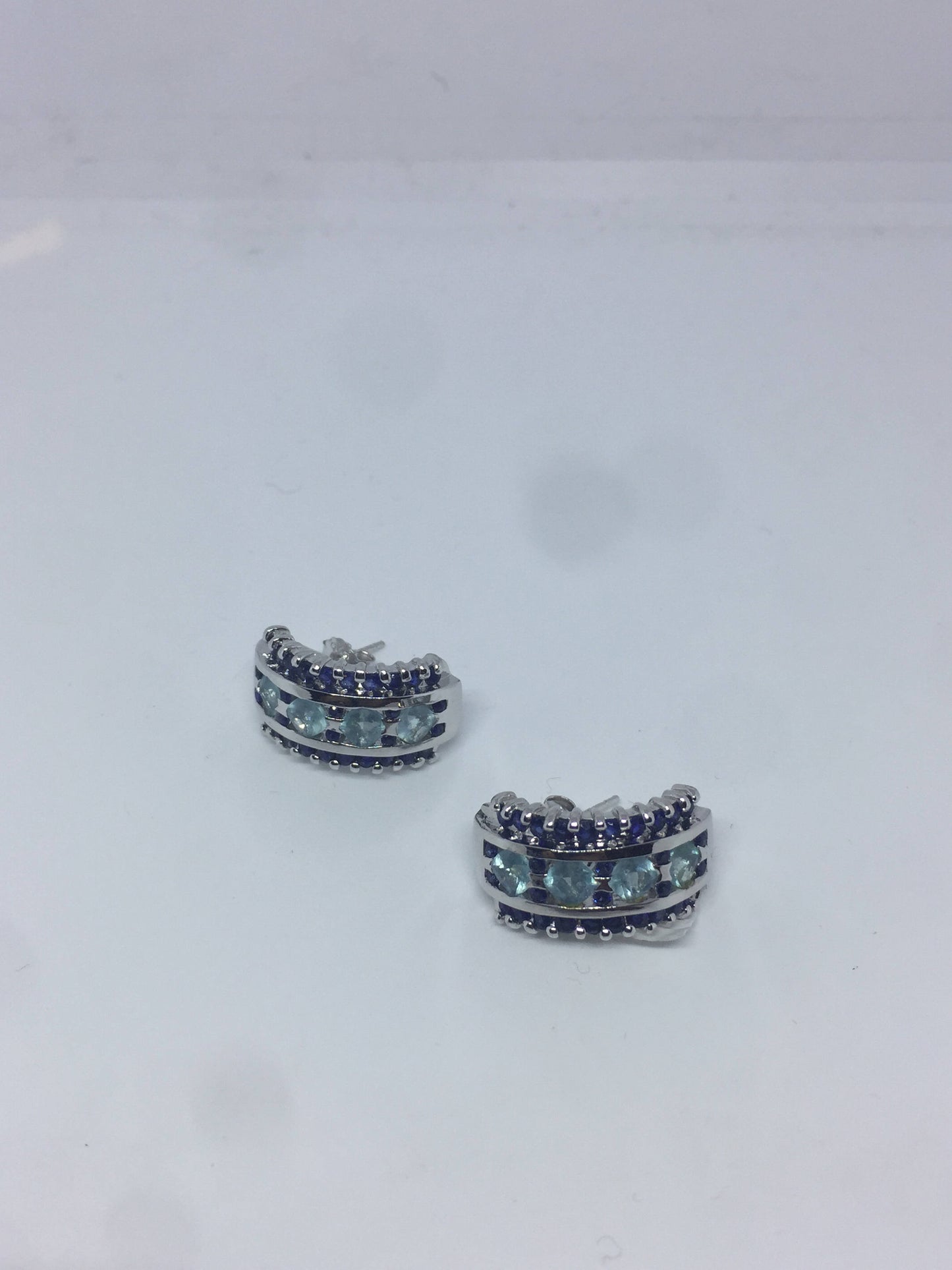 Vintage Handmade Sterling Silver Genuine Deep Blue Sapphire and flurite Earrings