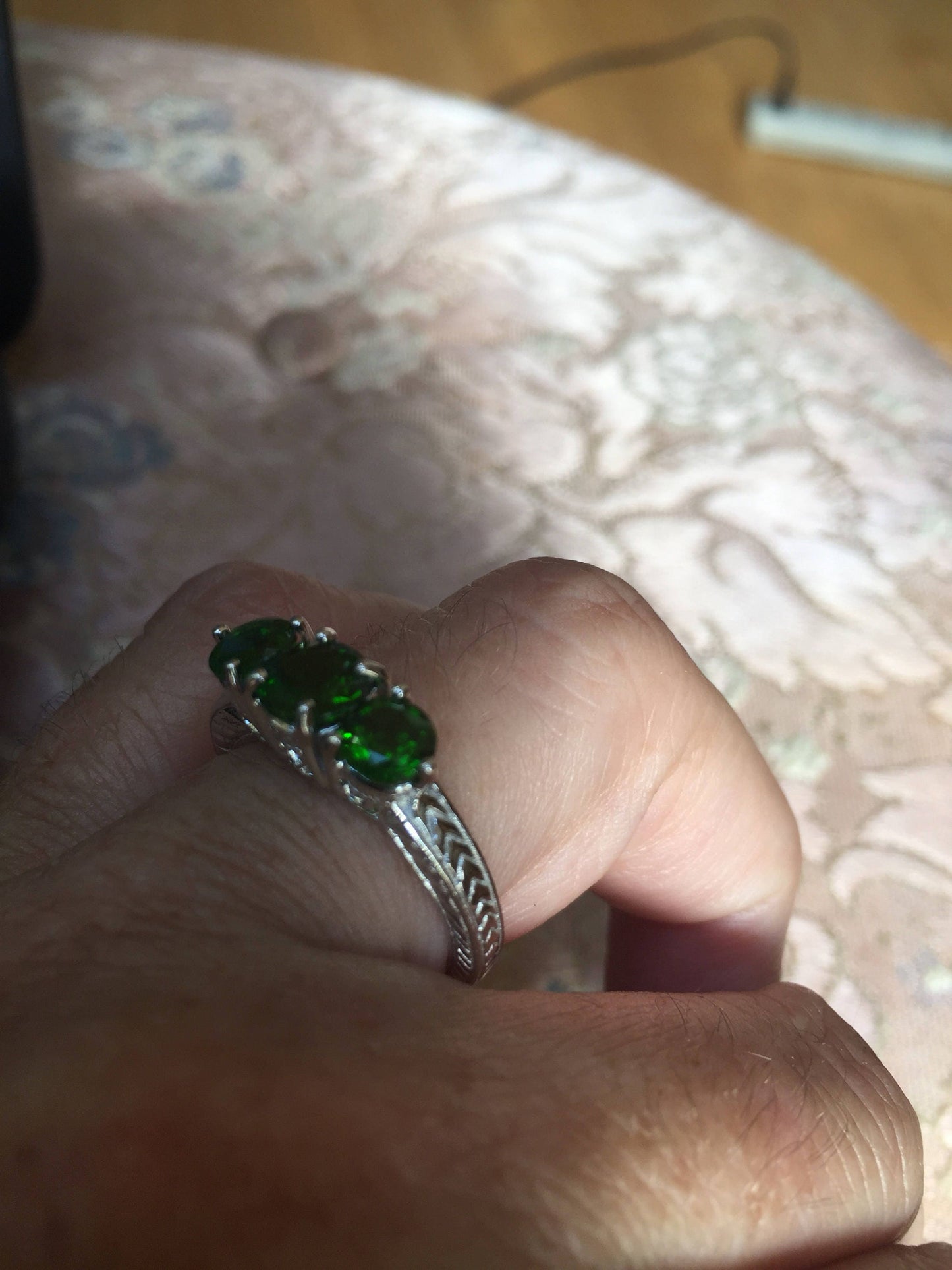 Vintage Handmade Green Chrome Diopside Filigree Setting Sterling Silver Gothic Ring