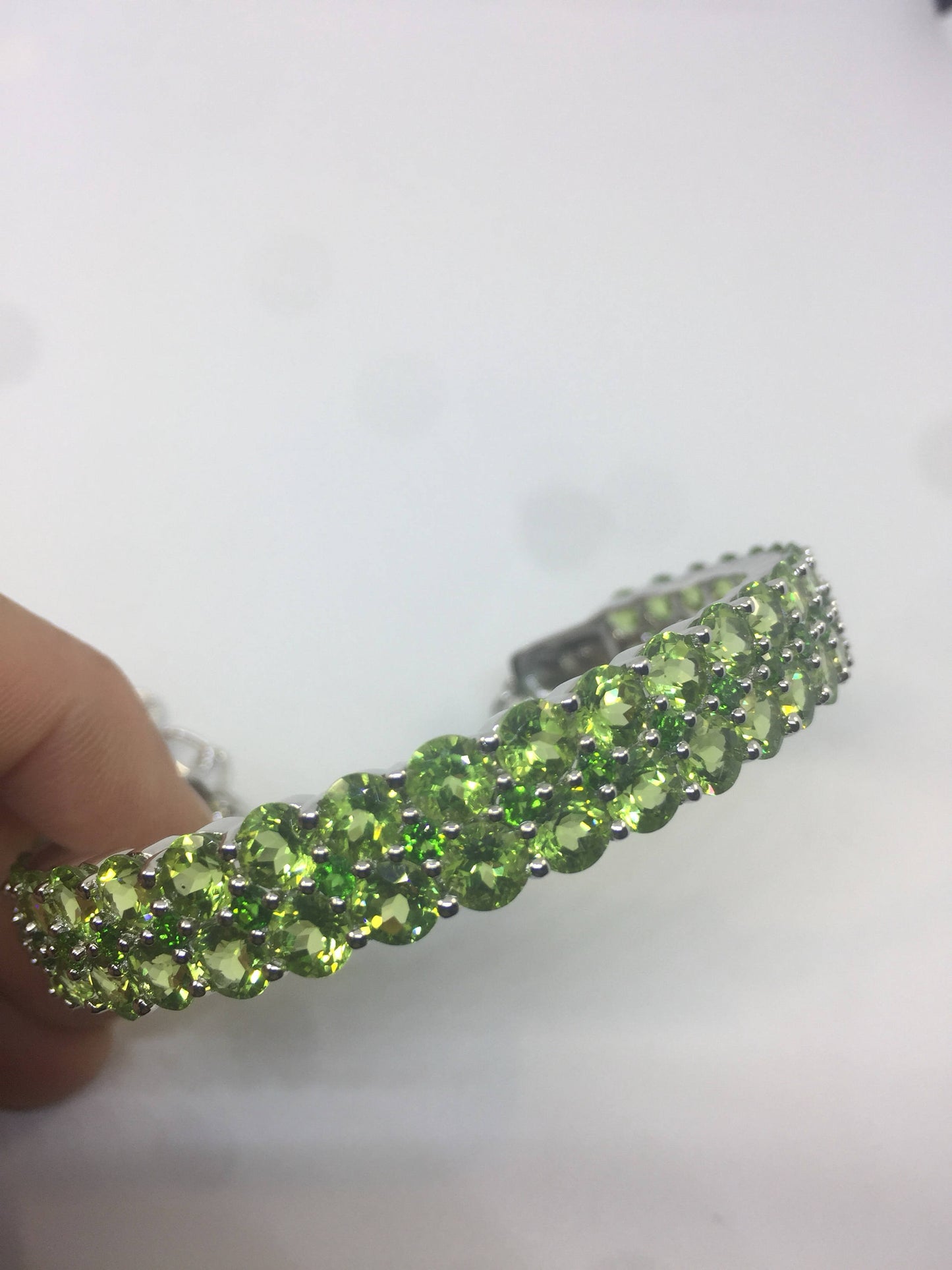 Vintage Handmade Genuine Peridot Rhodium Finished Sterling Silver Bangle Bracelet