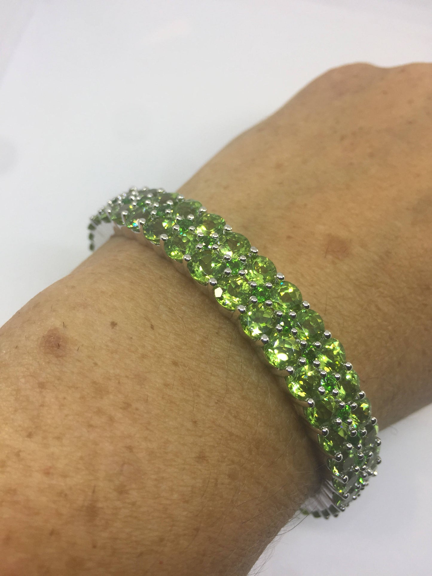 Vintage Handmade Genuine Peridot Rhodium Finished Sterling Silver Bangle Bracelet