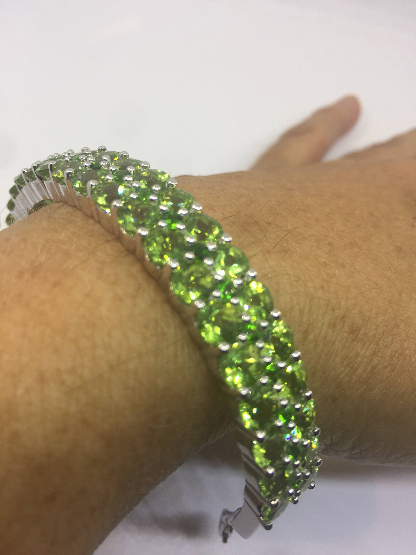 Vintage Handmade Genuine Peridot Rhodium Finished Sterling Silver Bangle Bracelet