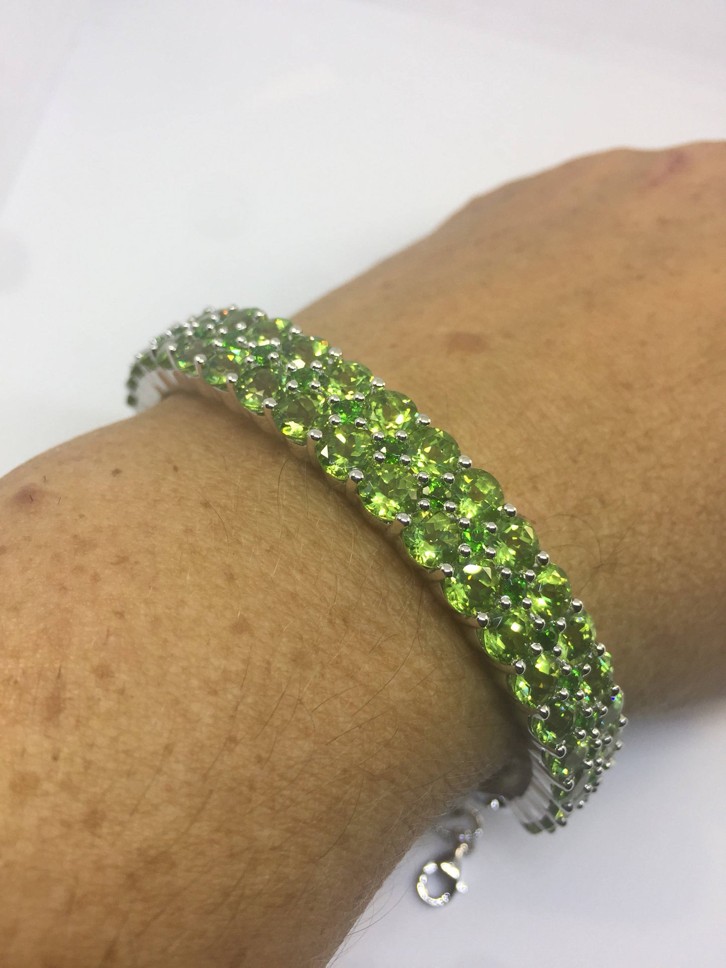 Vintage Handmade Genuine Peridot Rhodium Finished Sterling Silver Bangle Bracelet