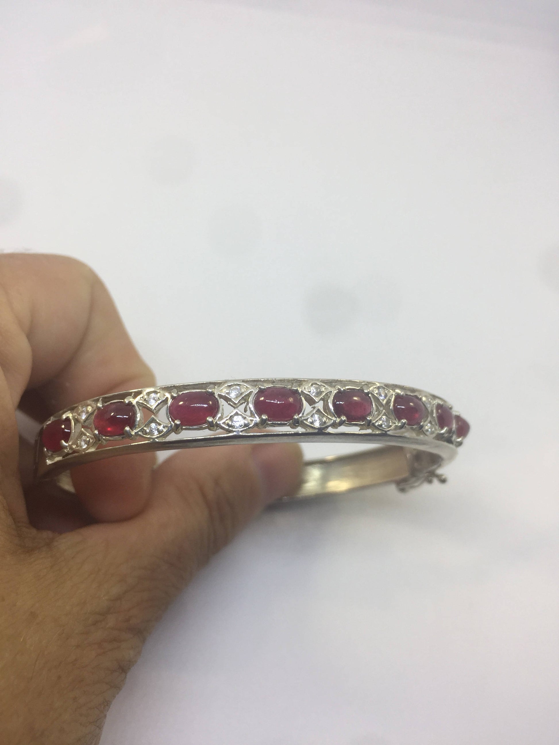 Handmade Genuine White Sapphire and Ruby in 925 Sterling Silver Bangle Bracelet
