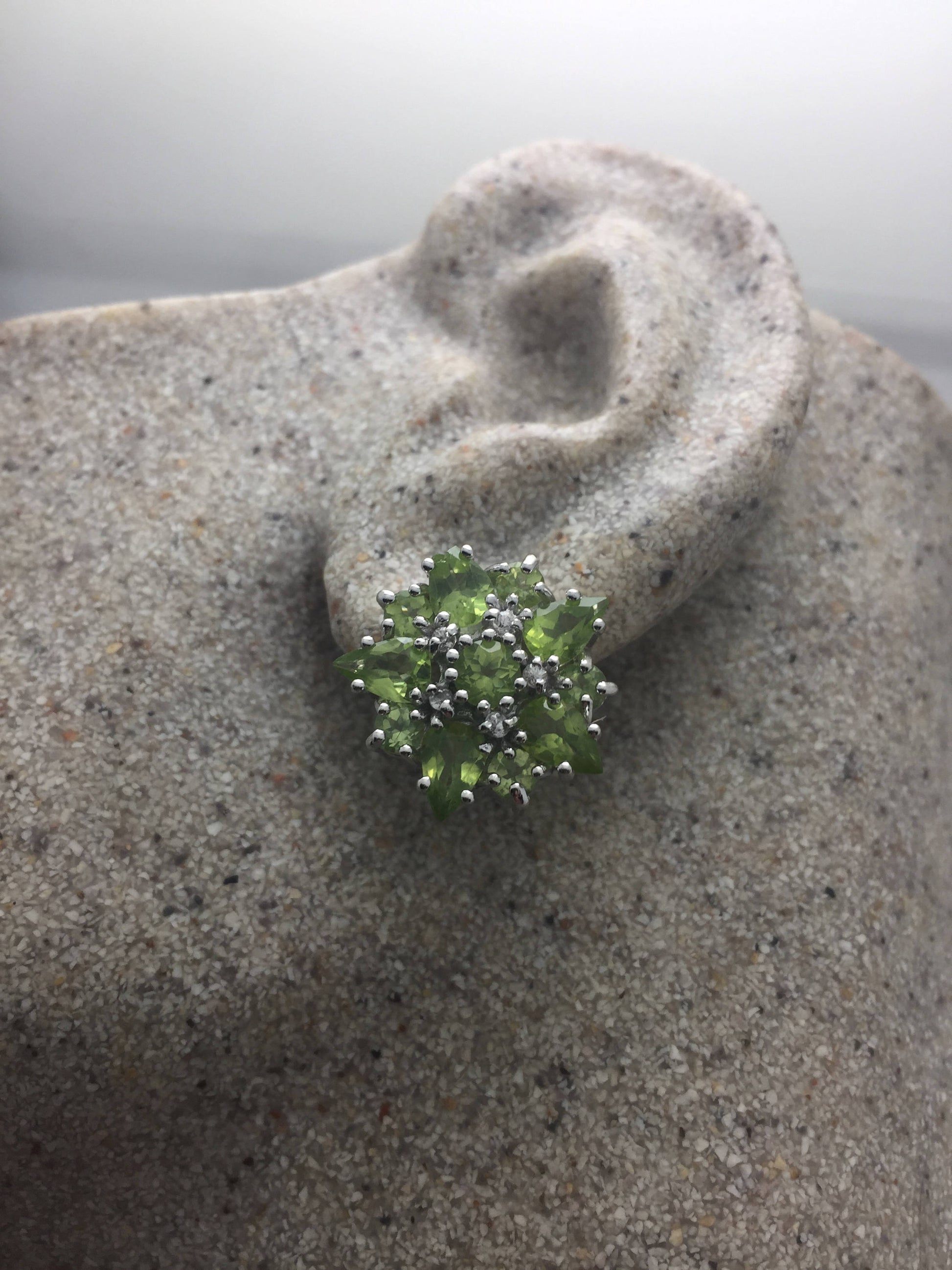 Vintage Handmade Sterling Silver genuine green peridot and white sapphire earrings