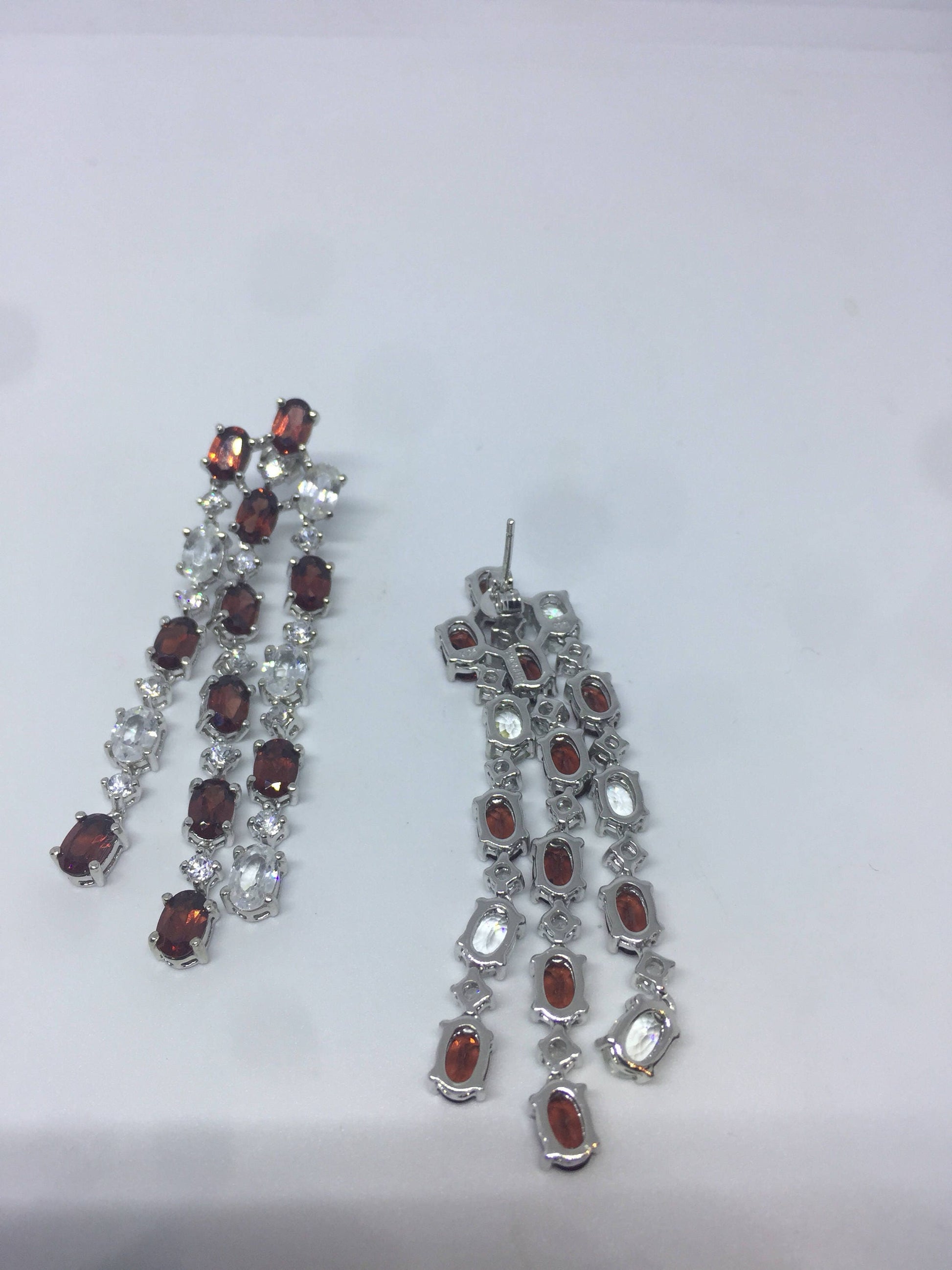Vintage Red Garnet Earrings Cubic Zirconia 925 Sterling Silver Chandelier Dangle