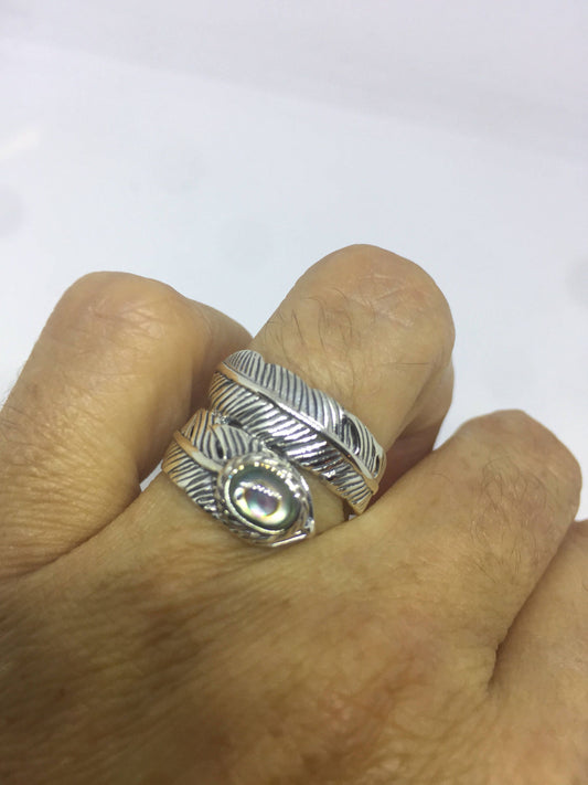 Vintage Antique Southwestern Abalone 925 Sterling Silver wrap feather Ring