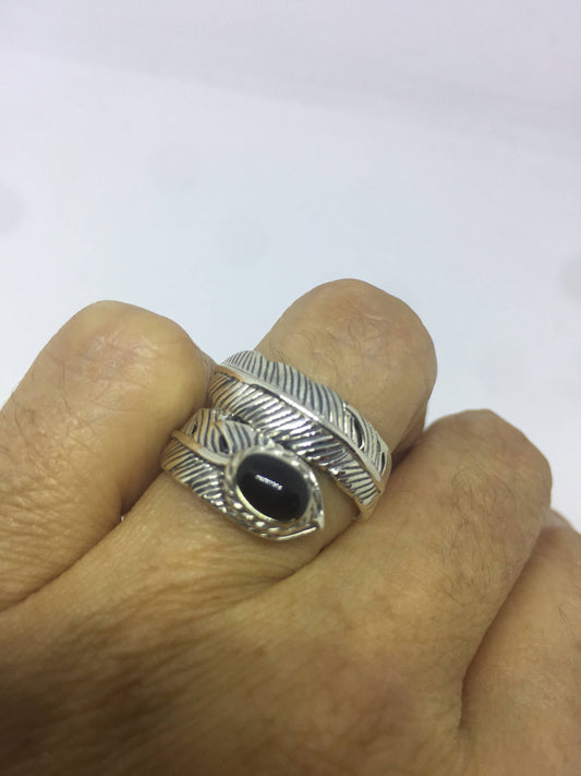 Vintage Antique Southwestern Black Onyx 925 Sterling Silver wrap feather Ring