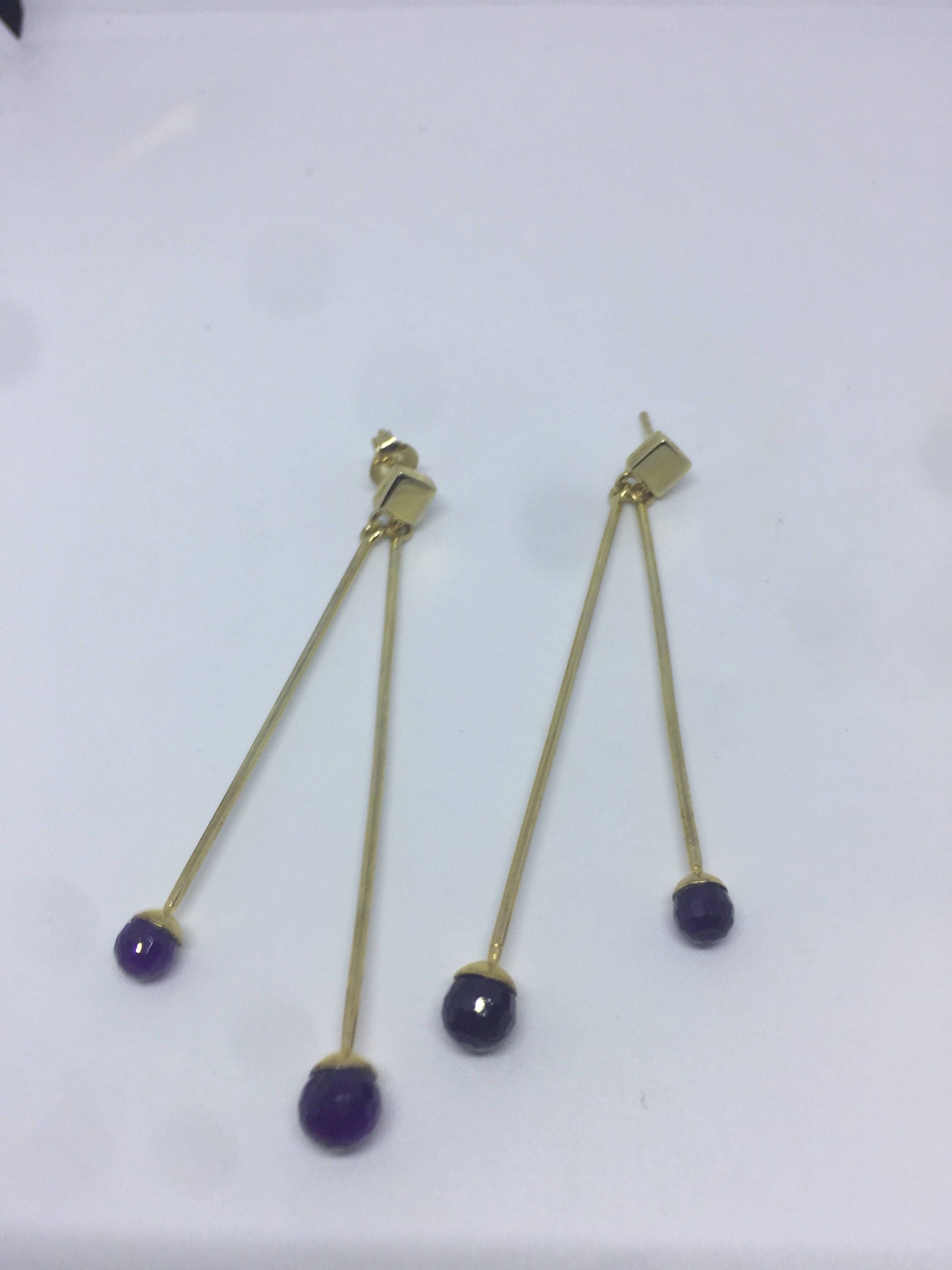 Vintage Genuine Blue Iolite Gemstone Golden 925 Sterling Silver Deco Dangle Earrings