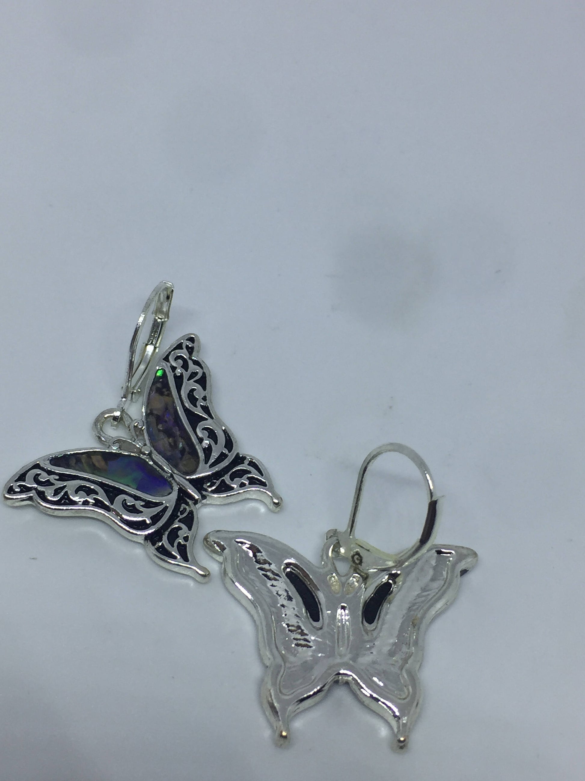 Vintage Handmade Silver Rainbow Abalone Butterfly Earrings