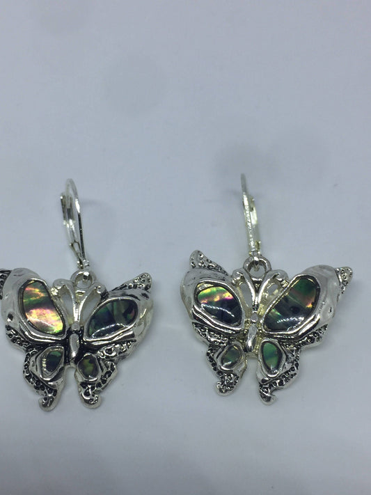 Vintage Handmade Silver Rainbow Abalone Butterfly Earrings