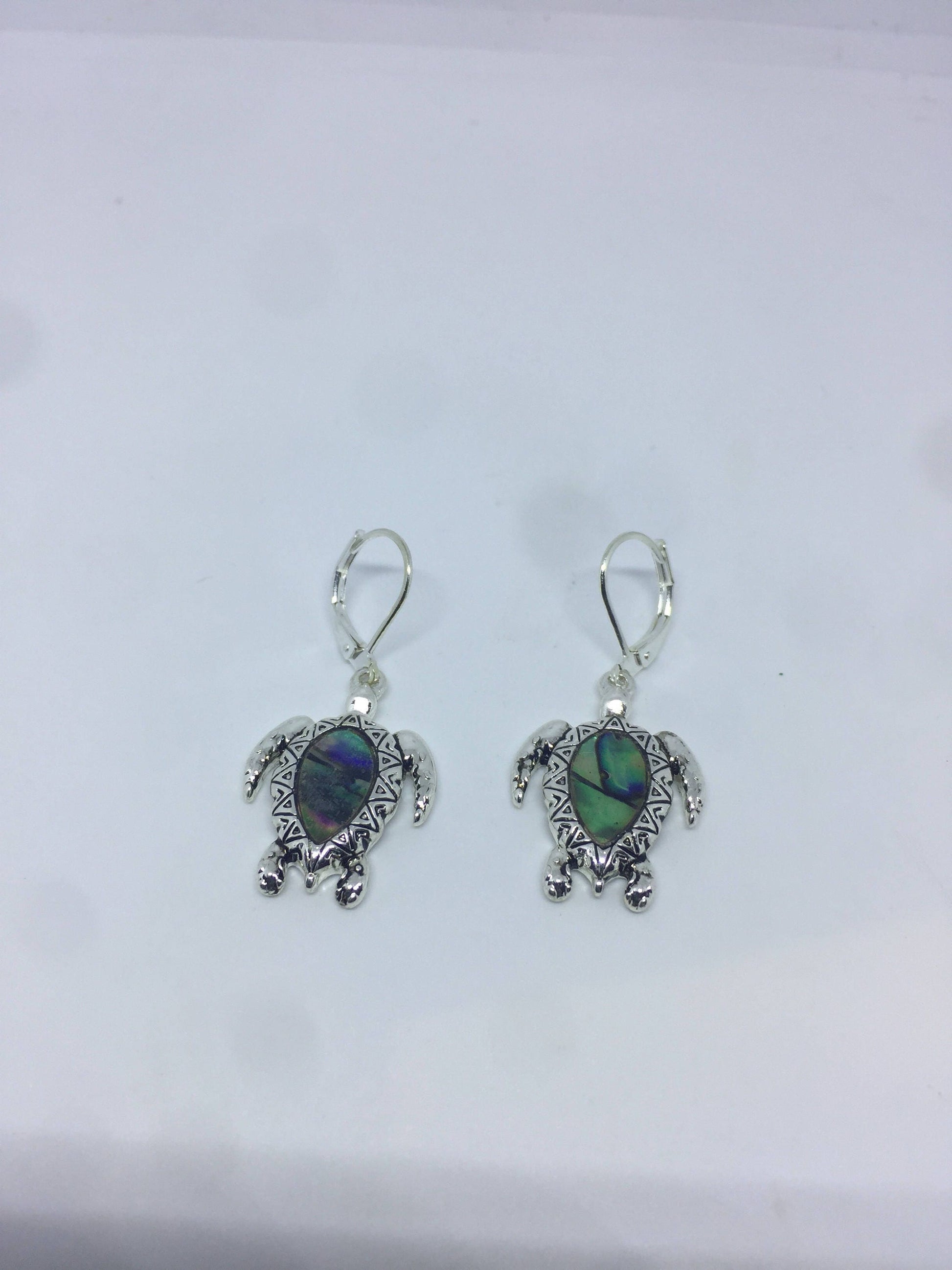 Vintage Handmade Silver Rainbow Abalone Sea Turtle Earrings