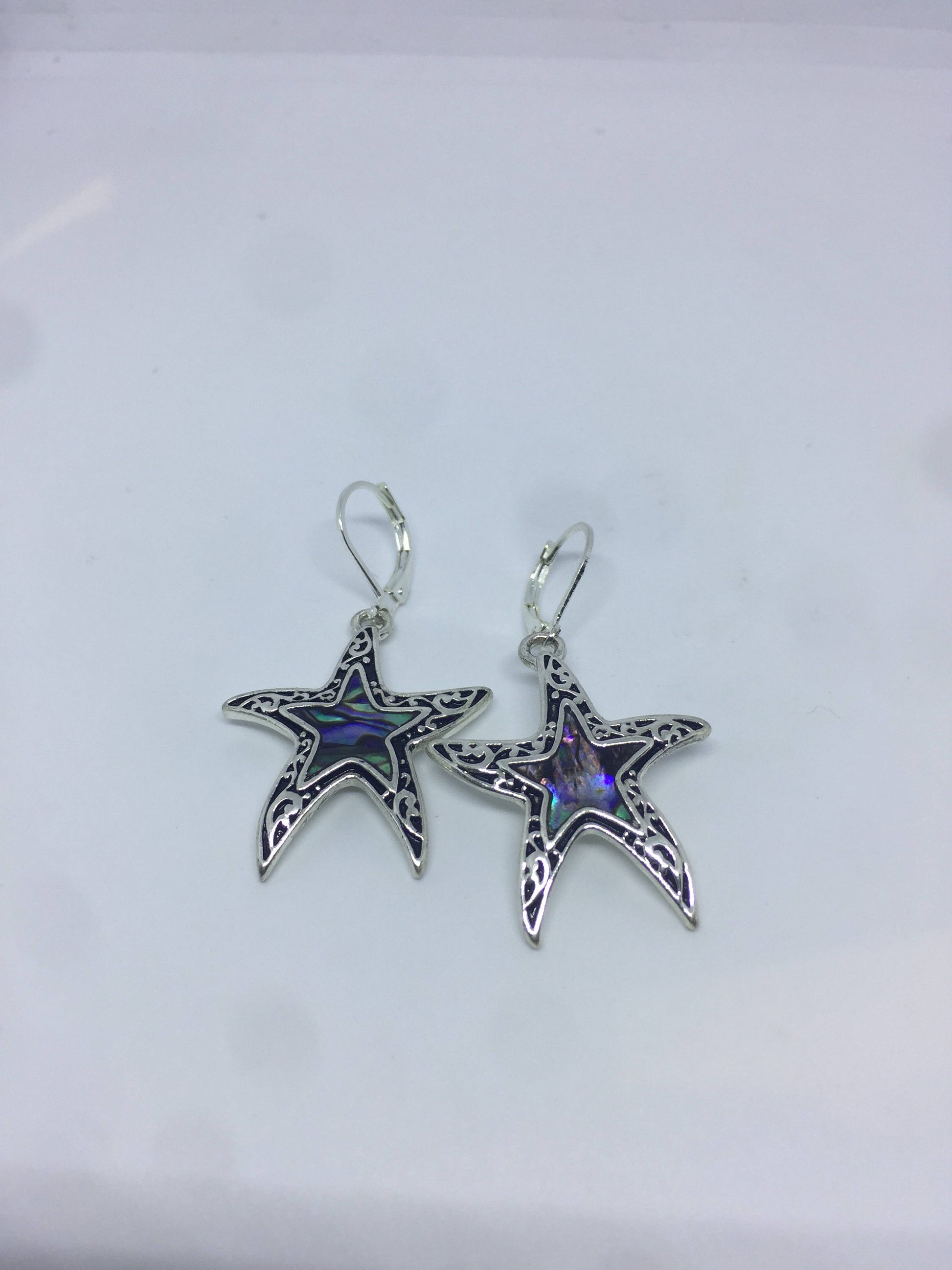 Vintage Handmade Silver Star Fish Rainbow Abalone Earrings