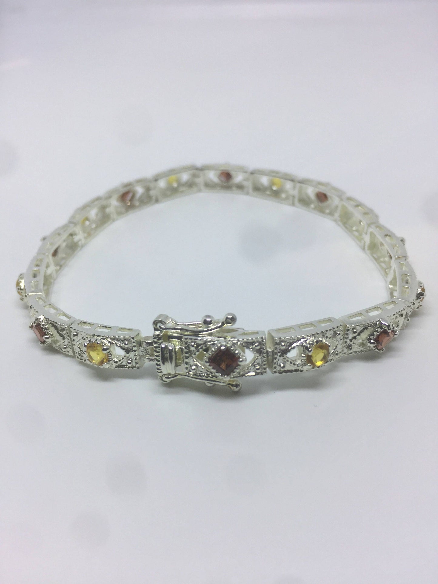 Vintage Citrine Garnet Tennis Bracelet in 925 Sterling Silver