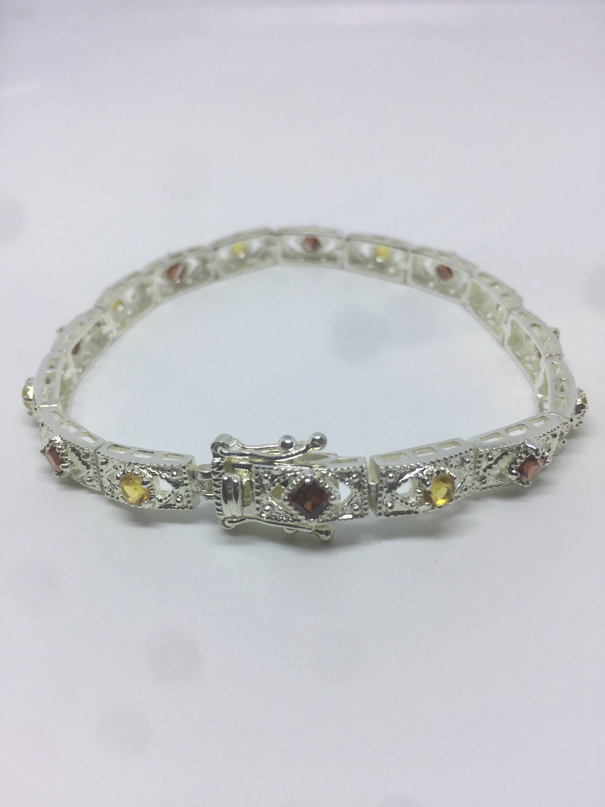 Vintage Citrine Garnet Tennis Bracelet in 925 Sterling Silver
