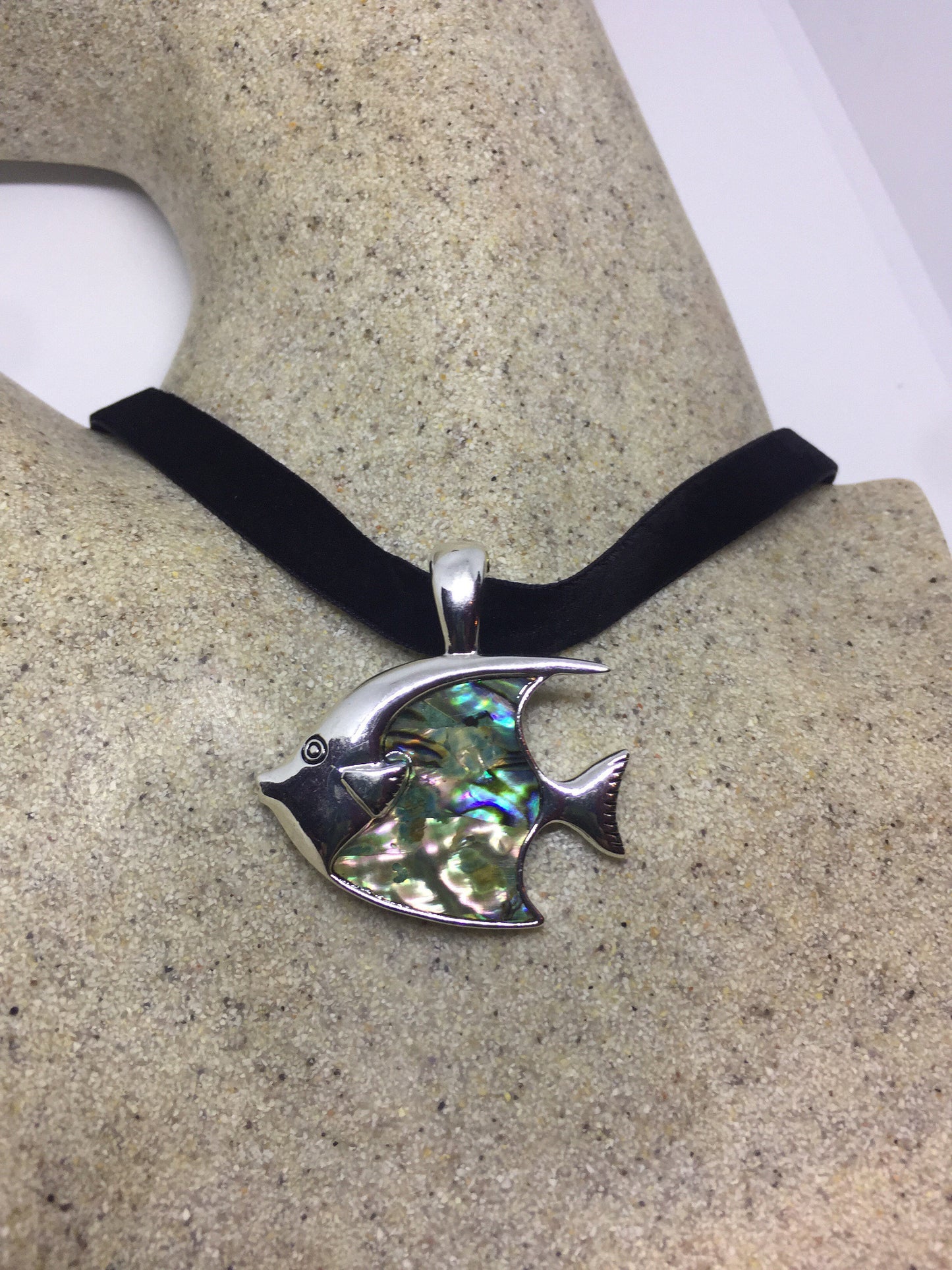 Blue Handmade Gothic Styled Silver Finished Genuine Abalone Angel Fish Choker Necklace