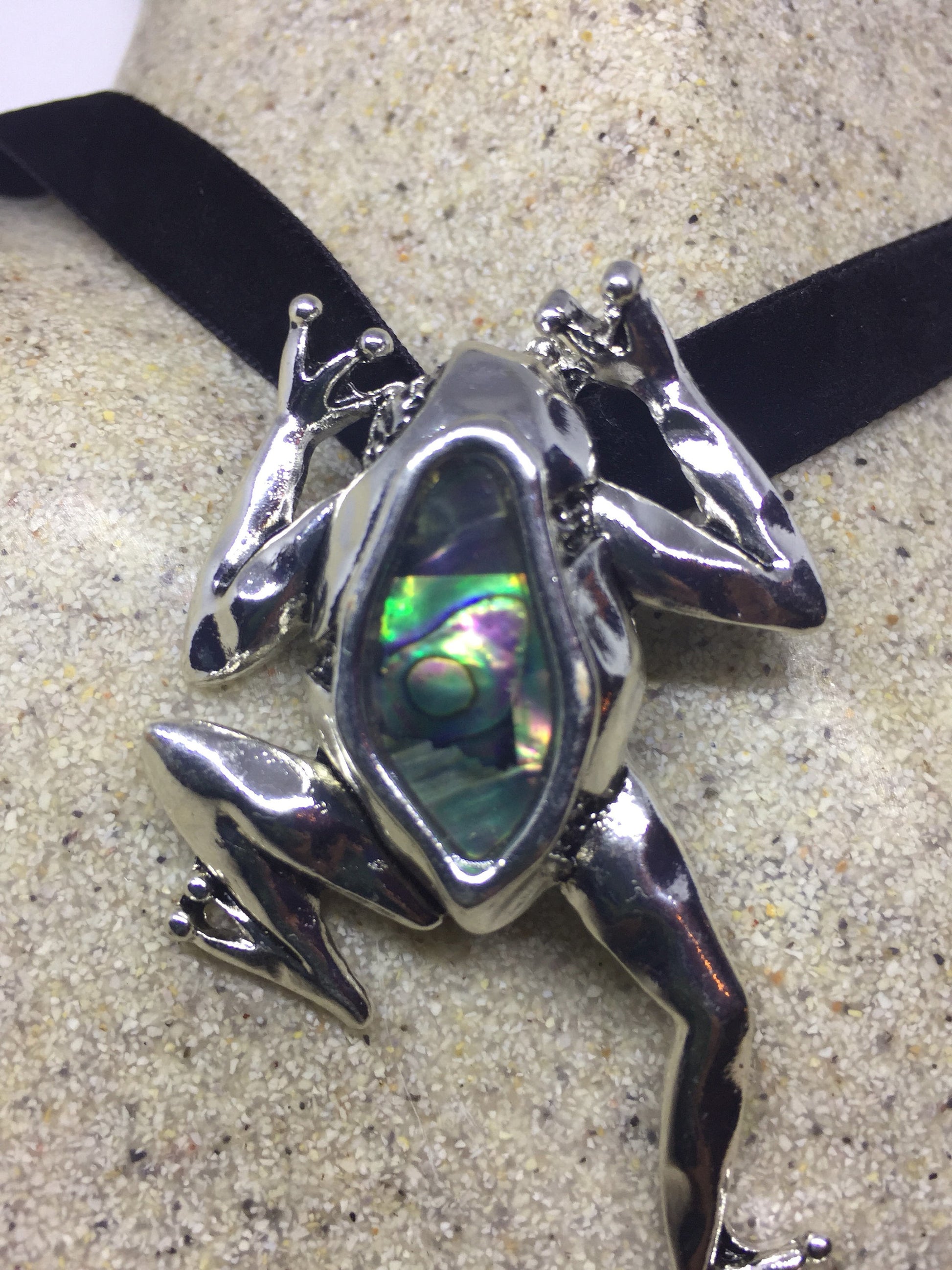 Blue Handmade Gothic Styled Silver Finished Genuine Abalone Frog Choker Necklace