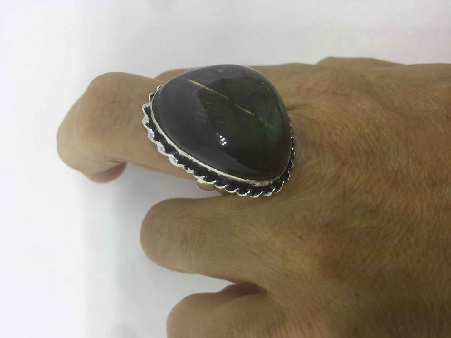 Vintage Large Blue Green Labradorite Stone Silver Ring