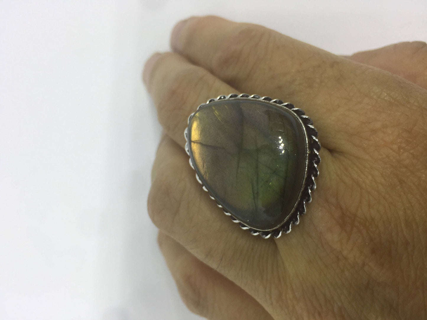 Vintage Large Blue Green Labradorite Stone Silver Ring