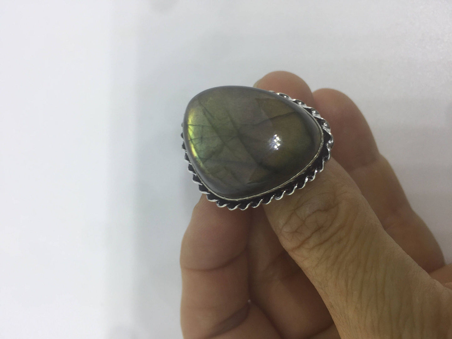 Vintage Large Blue Green Labradorite Stone Silver Ring