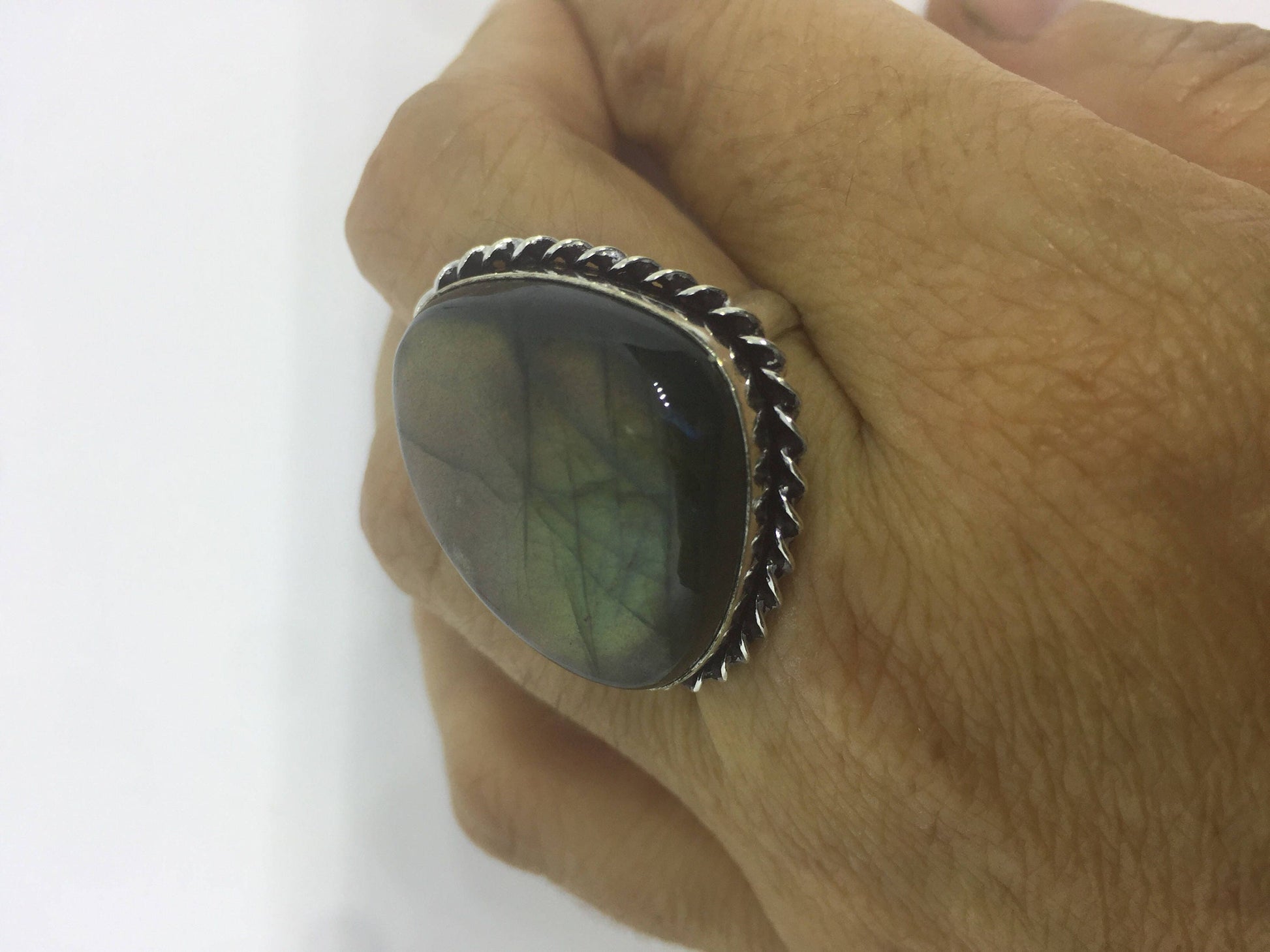 Vintage Large Blue Green Labradorite Stone Silver Ring