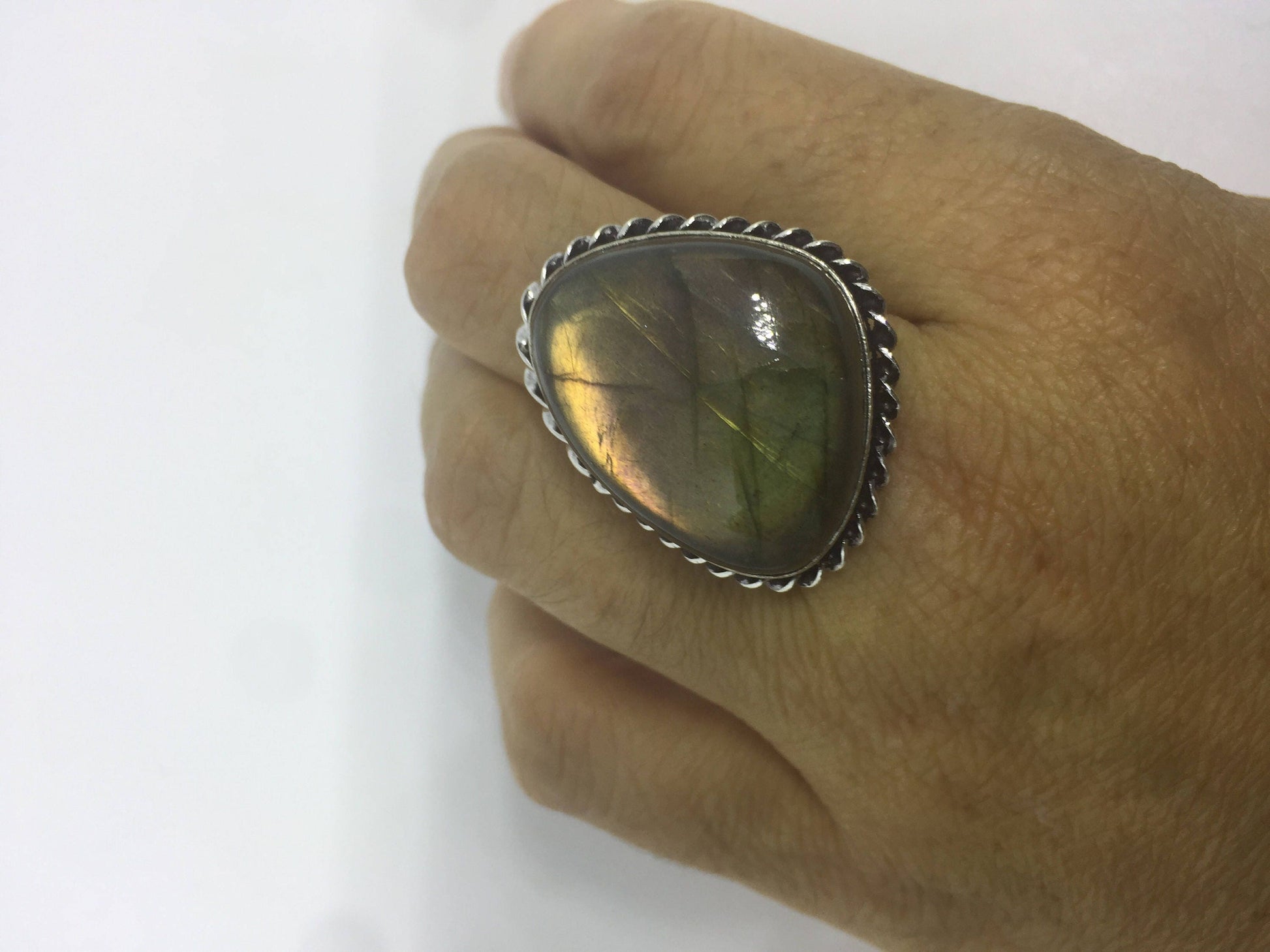 Vintage Large Blue Green Labradorite Stone Silver Ring