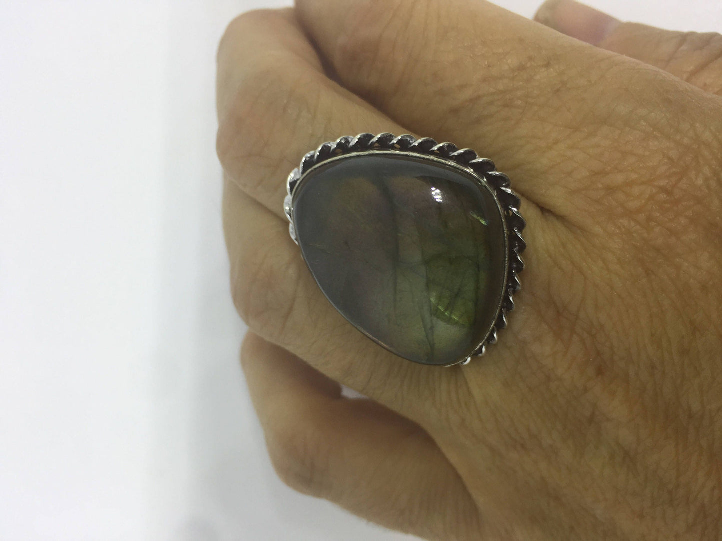 Vintage Large Blue Green Labradorite Stone Silver Ring