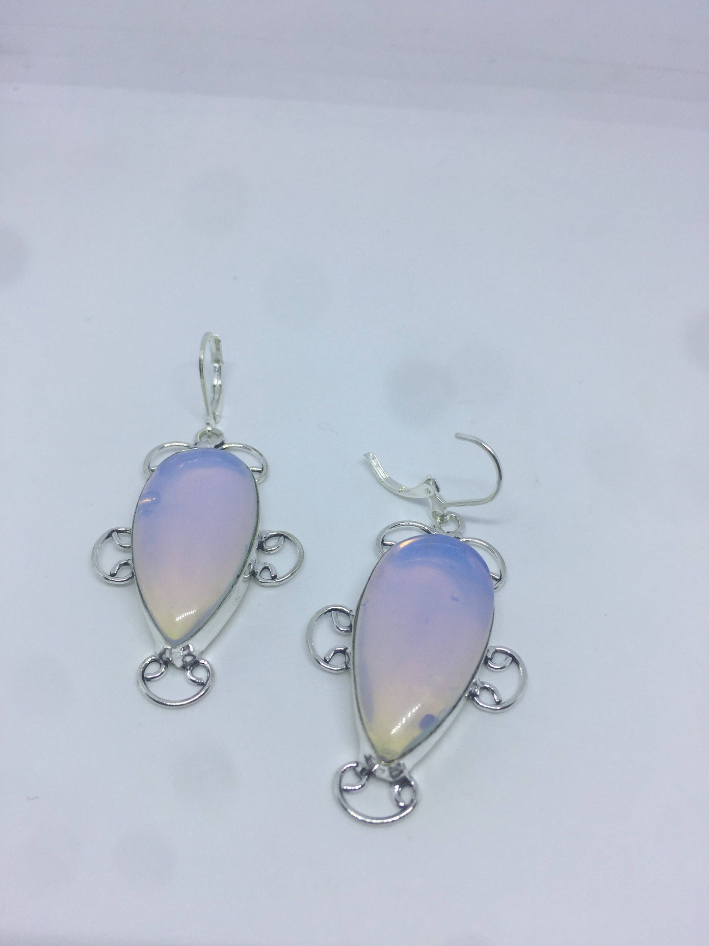 Antique Vintage Blue White Opal Glass Silver Dangle Earrings