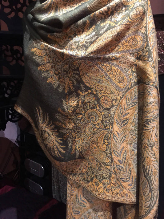 Vintage Brown and Olive Green Brocade Paisley Pashmina Scarf Wrap