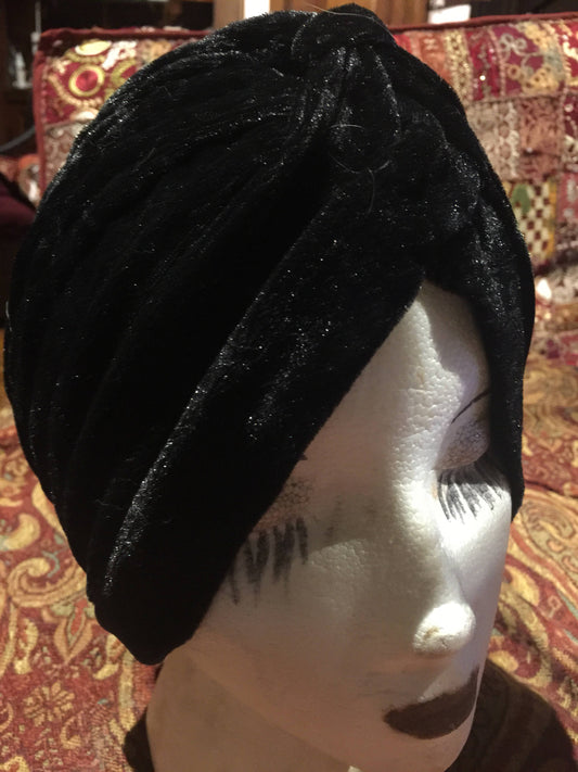 Vintage Black Stretch Velvet Deco Turban Hat