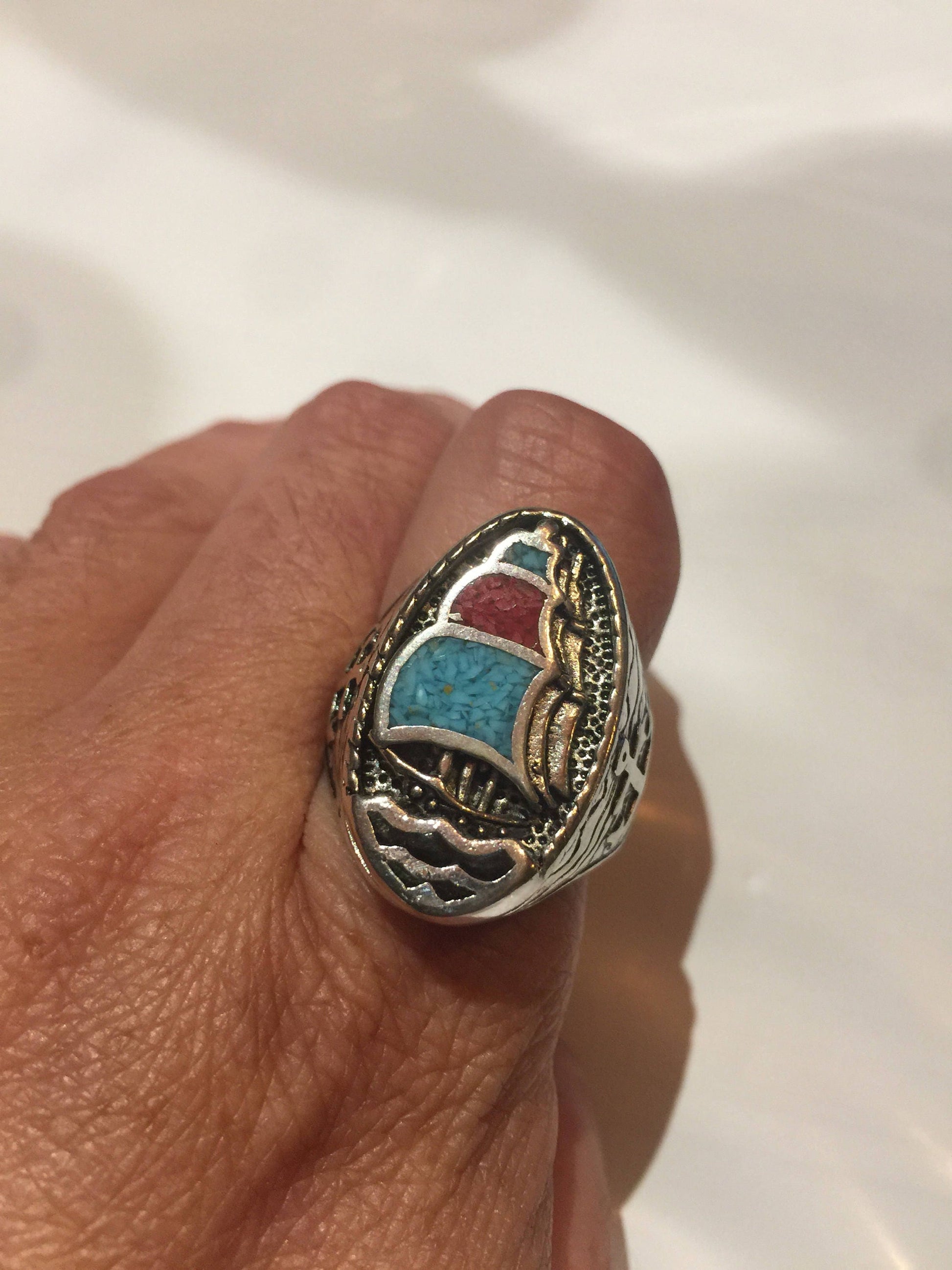 Vintage Southwestern Genuine Turquoise Inlay Sailboat Mens Ring