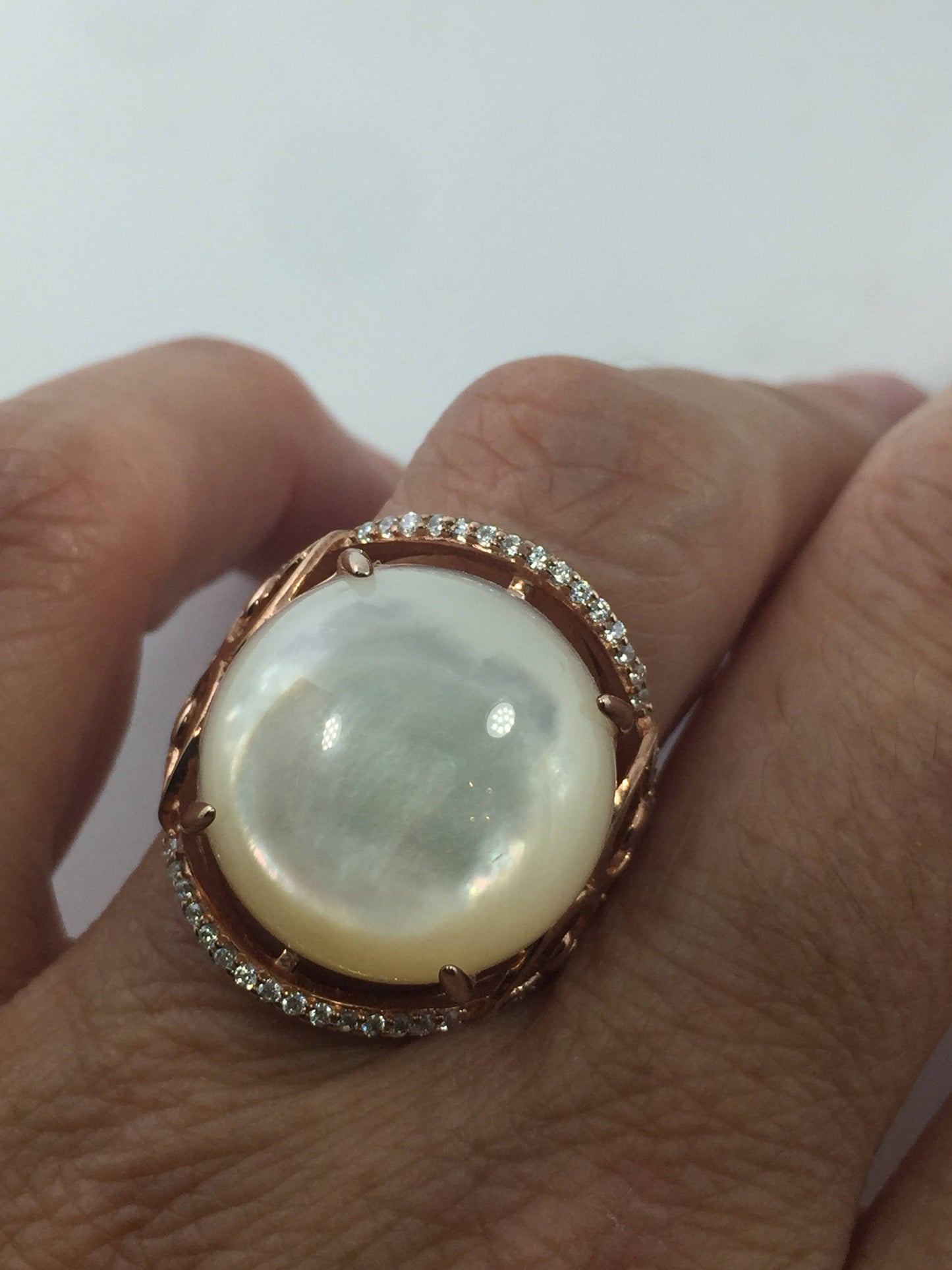 Vintage Genuine Mother of Pearl Rose Gold 925 Sterling Silver Ring