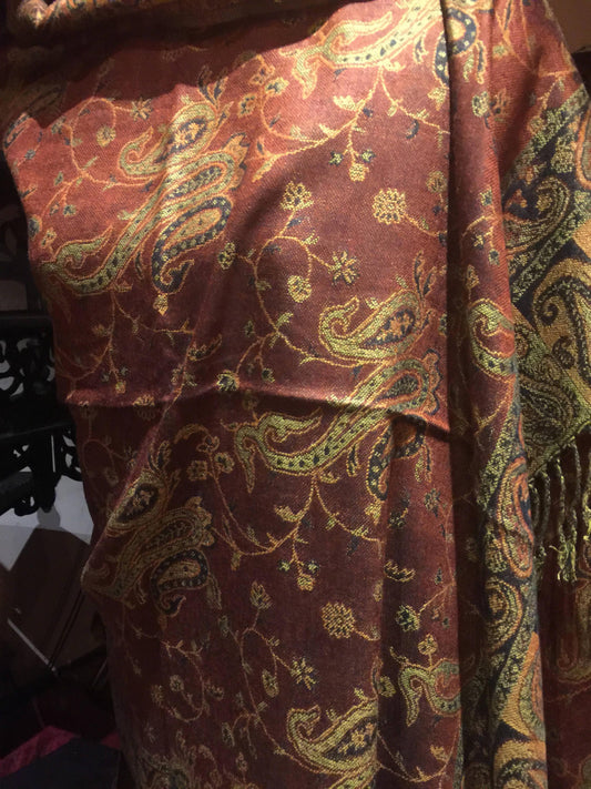 Vintage Copper and Brown Paisley Brocade Pashmina Scarf Wrap