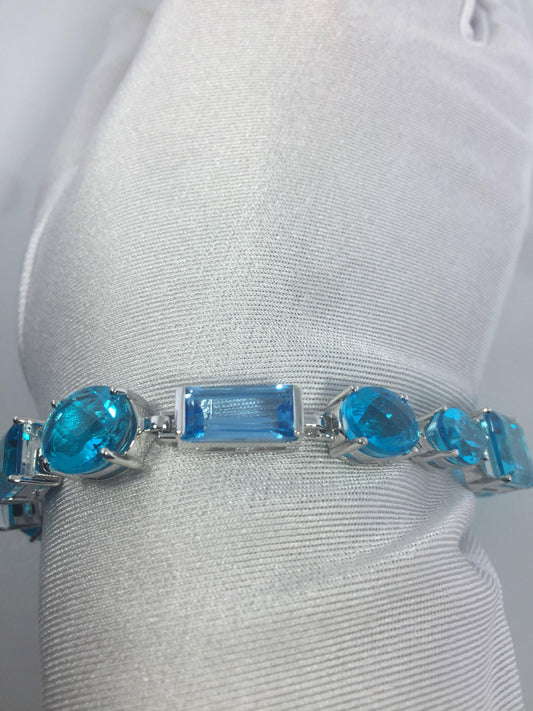 Handmade Genuine Blue Quartz and Blue Topaz 925 Sterling Silver Tennis Bracelet