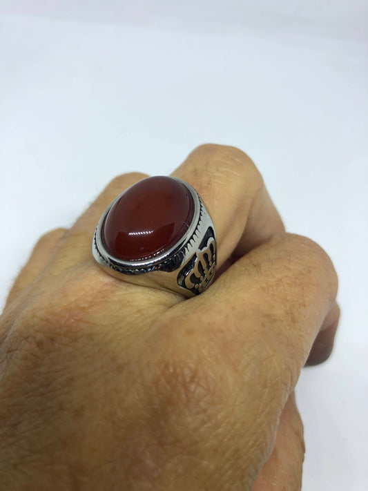 Vintage Gothic Silver Genuine Red Carnelian Crown Mens Ring