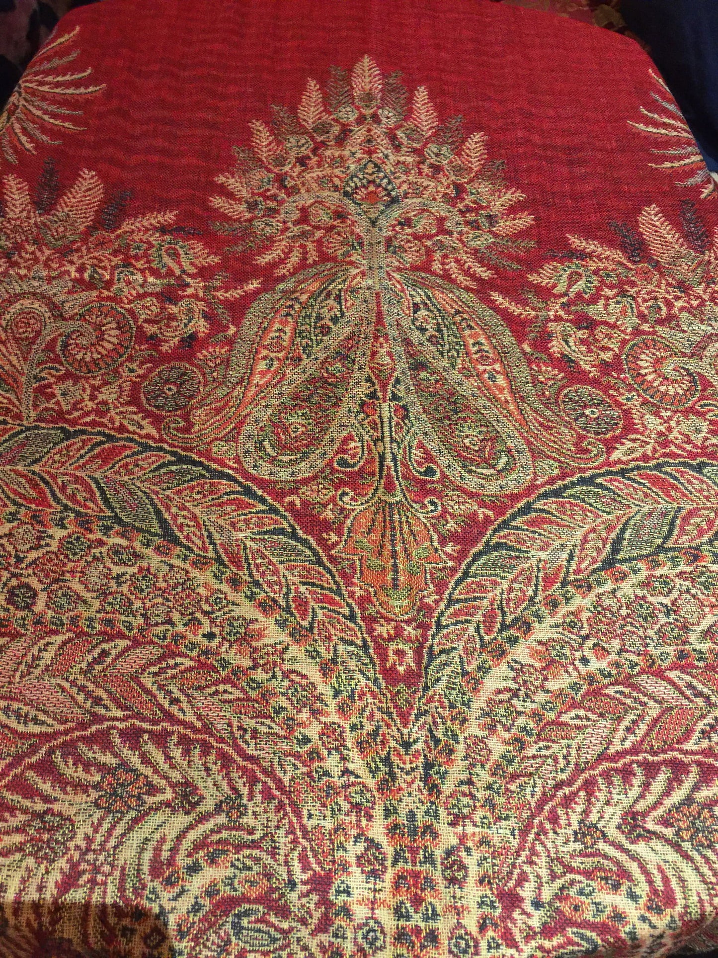 Vintage Burgundy Red Beige Paisley Brocade Pashmina Scarf Wrap Shawl