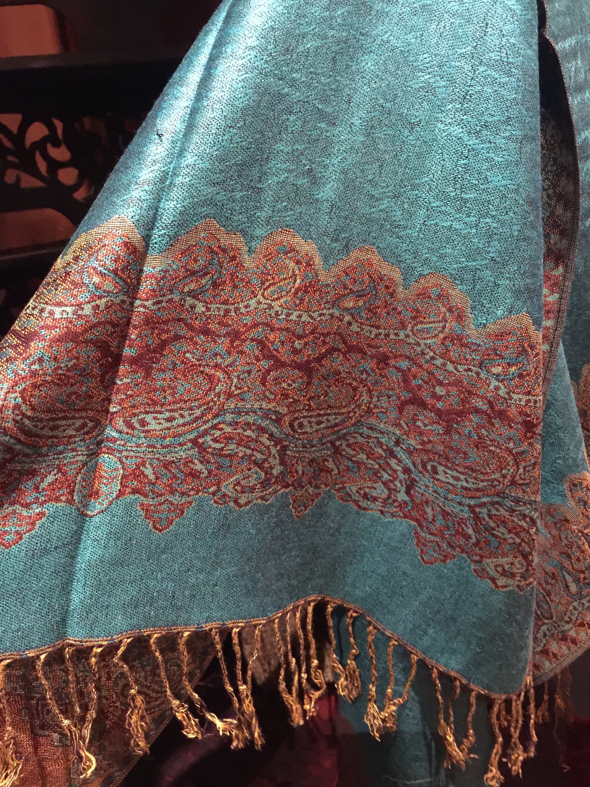 Vintage Turquoise Brown Reversible Paisley Brocade Pashmina Scarf Wrap Shawl