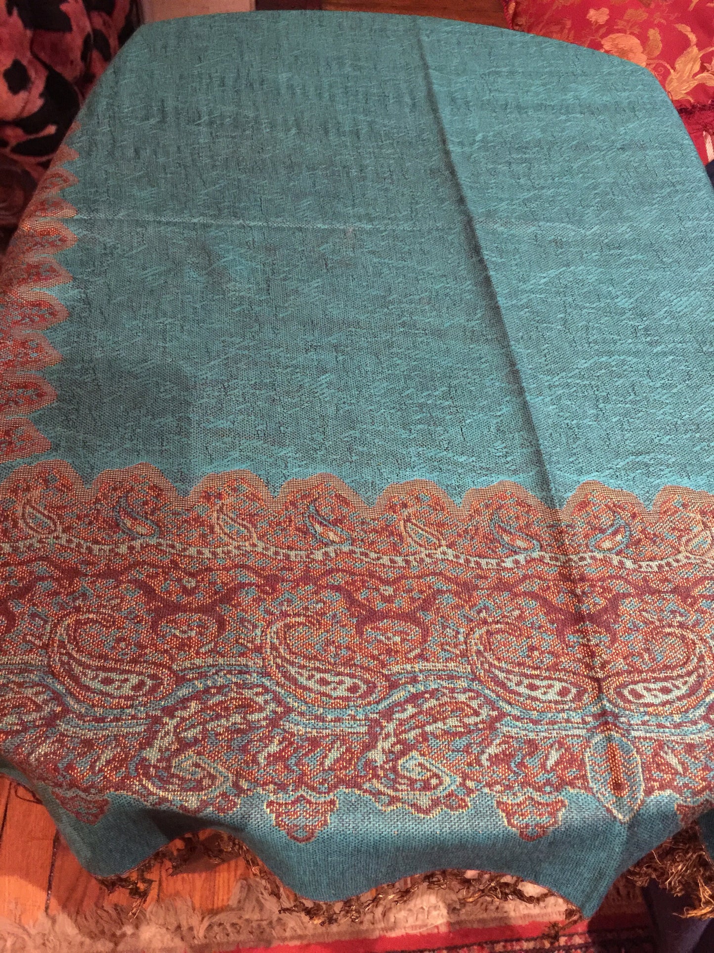 Vintage Turquoise Brown Reversible Paisley Brocade Pashmina Scarf Wrap Shawl