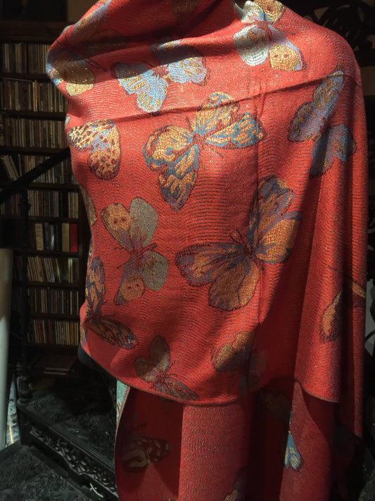 Nemesis Vintage Burgundy Gold Butterfly Brocade Pashmina Scarf Wrap