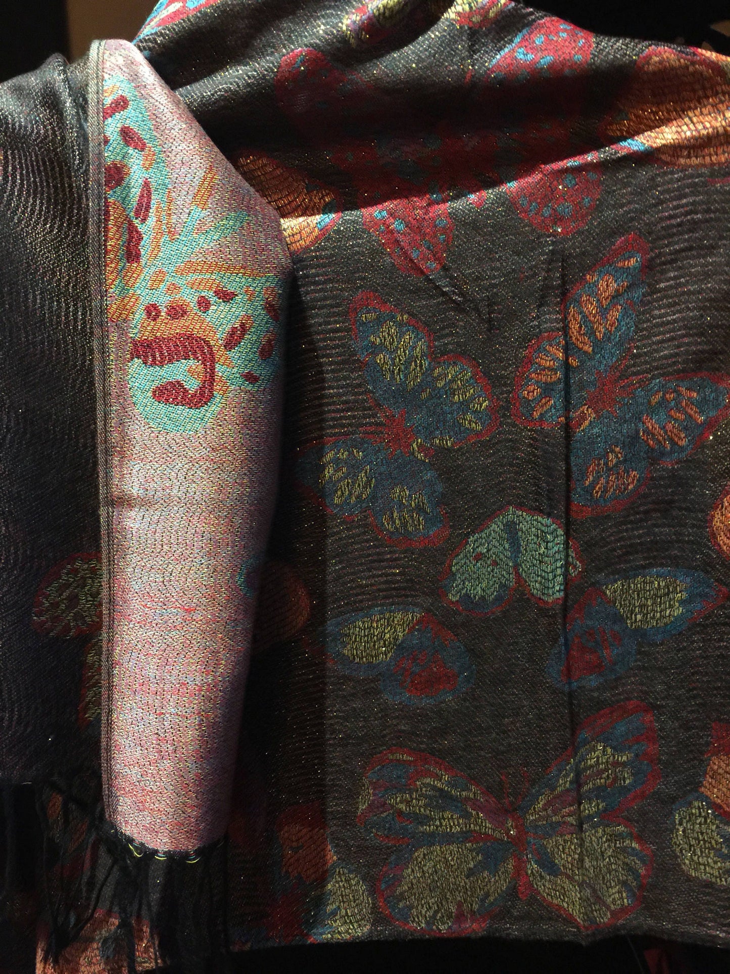 Nemesis Vintage Black Gold Butterfly Brocade Pashmina Scarf Wrap